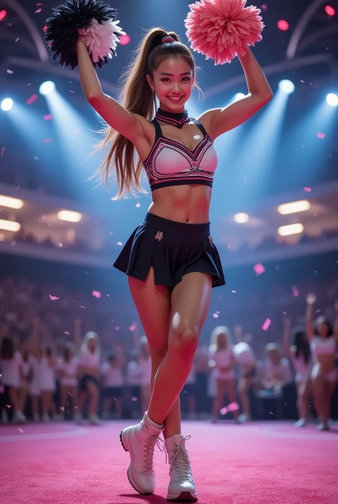 {{{masterpiece}}},{{{{{official art}}}}},{{{high quality}}},{{{best quality}}},{{{{8K_wallpaper}}}},{{{{extremely detailed eyes}}}},{{{{extremely detailed body}}}},{{{{extremely detailed finger}}}},One Girl,18 year old beautiful girl、Pure Girl、 , Dancing, Small breasts, Thin legs, Red Cheerleader Uniform, skirt, White Cheer Gloves, Stomach, Raise your arms, Open the other arm, from the front, Audience, ((masterpiece)), ((Highly detailed face)), Highest quality, Surreal, High resolution, Intricate details,(Beautiful and delicate eyes and lips), (Symmetrical eyes:1.5),(Best Shadow. Very delicate and beautiful.), Beautiful white skin, smile, (Open your mouth,teeth), Ponytail Brown Hair, (bangs), Floating Hair, Messy Hair Good Lay, Cowboy Shot, court, Audience seats, Light of the sun ,(No makeup)