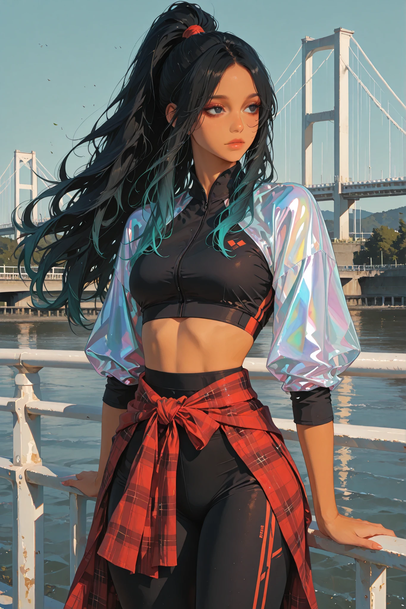 anime style, anime coloring, 8k, HDR, extremely detailed face and eyes, beautiful face and eyes, solo, beautiful, cool, masterpiece, top quality, great
quality, pose, background, highres, dynamic clothes, dynamic hair, 1girl, young woman, tan skin, multicoloured hair, black hair with iridescent highlights, iridescent hair highlights, high ponytail, centre parted hair, black eyes, dark sport top, black leggings, red tartan fabric tied around hips, leaning elbows on bridge railing, white bridge railing, sunlight, side angle, watching surroundings with concentration, wind, flowing hair, flowing fabric