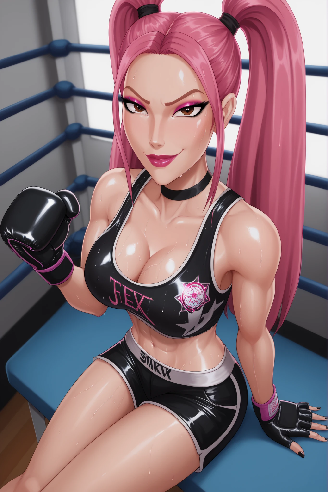 BREAK, score_6_up, score_7_up, score_8_up, score_9, 1girl, solo, kpdh_m1ra, long hair, dark pink hair, brown eyes, twintails, black choker, lipstick, makeup, official KPop Demon Hunters aesthetic, , busty, cleavage, curvy, athletic, looking at viewer, seducing viewer, teasing viewer, kind expression, smiling, closed mouth, bedroom eyes, jet black  top, jet black boxing shorts, jet black boxing gloves, midriff, indoors, boxing ring, sitting on stool, closeup, portrait, upper body, high-angle view, pink eyeshadow, black eyeliner, black mascara, sweaty, sweat drops, wet skin, shiny skin 