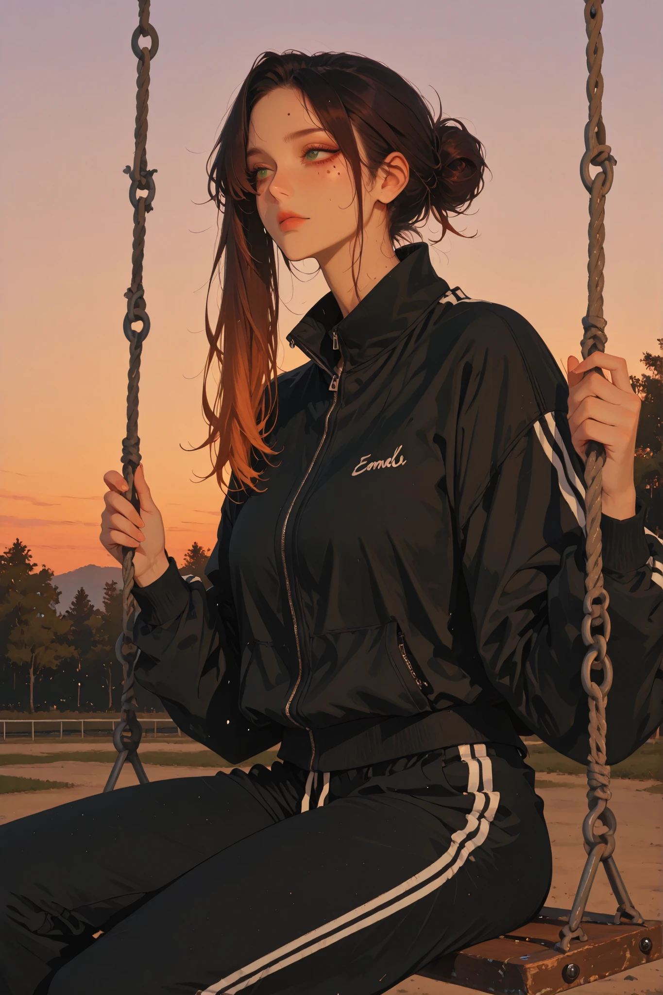 anime style, anime coloring, 8k, HDR, extremely detailed face and eyes, beautiful face and eyes, solo, beautiful, cool, masterpiece, top quality, great
quality, pose, background, highres, dynamic clothes, dynamic hair, 1girl, young woman, dark hair, curtain bangs, low bun, asymmetrical parted hair, emerald eyes, black sweatpants, black zipped sweat jacket, stripes on sweatpants, black sweatpants, beauty mark under left eye, side angle, evening, sitting on swing, shade