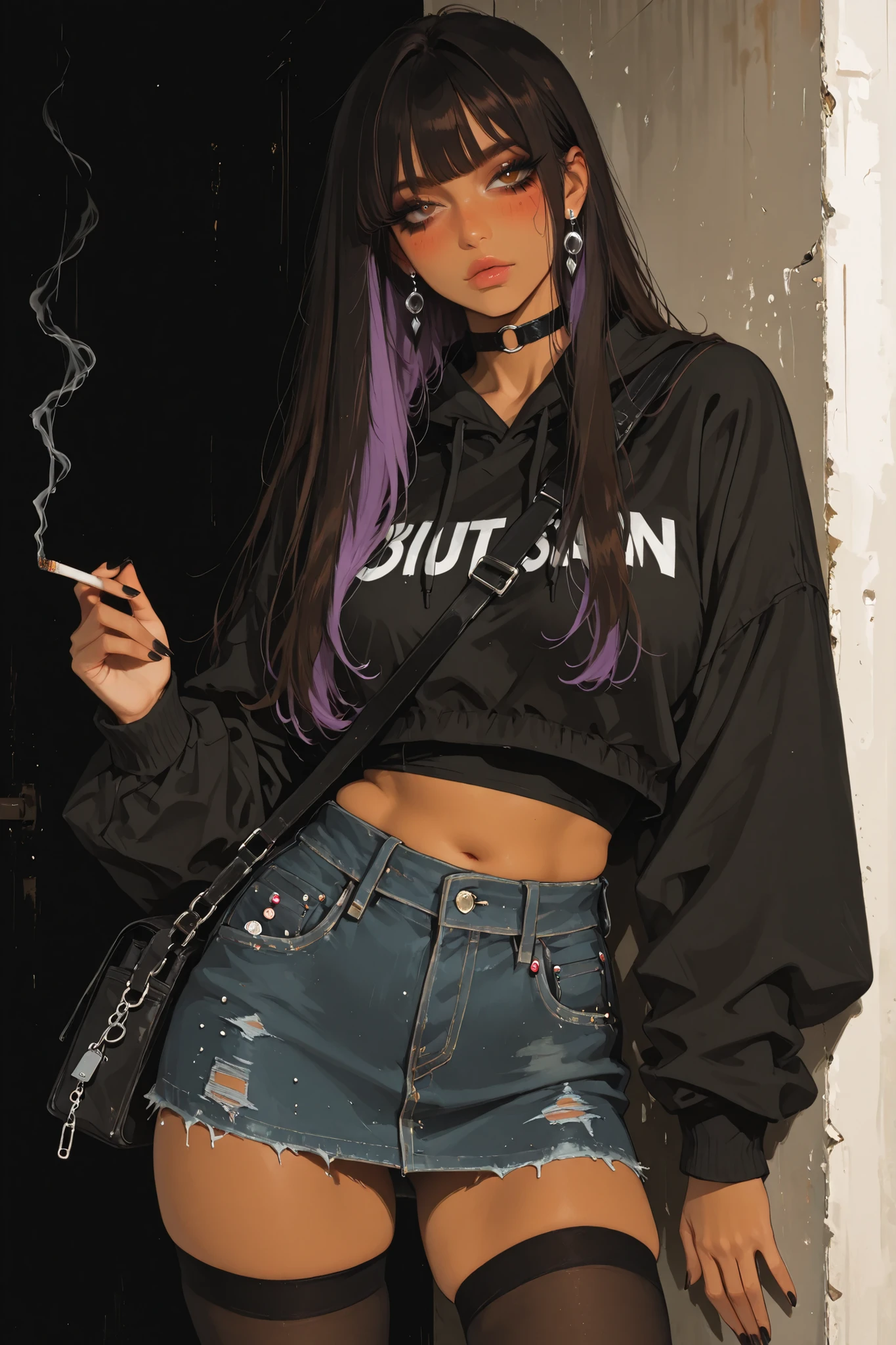 anime style, anime coloring, 8k, HDR, extremely detailed face and eyes, beautiful face and eyes, solo, beautiful, cool, masterpiece, top quality, great
quality, pose, background, highres, matte colouring, flat colouring, matte skin, 1girl, young woman, 1girl, brown skin, tan skin, deep brown eyes, black eyelashes, black hair, purple streaks in hair, straight hair, bangs, long hair, makeup, bright makeup, plump lips, glossy lips, blush, crop top, jacket, high-waisted denim skirt, short skirt, thigh high stockings, big silver earrings, eastasian silver earrings, layered jewellery, black messenger bag, pins and keychains on bag, black leather choker, leaning on the wall, cigarette in hand