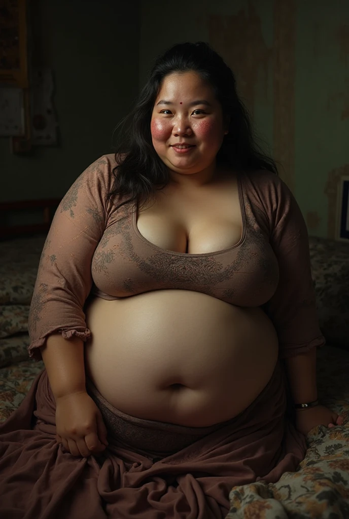 A very obese woman, she has white skin and long black hair.

