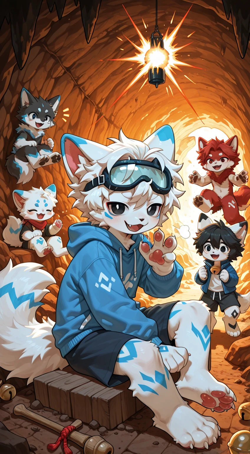 "A solitary wolf with blue fur and a white tail, standing in a surreal landscape of imprressionist style, illuminated by soft natural lighting. The wolf has a fur pattern resembling the clouds and is wearing ski goggles on its head. Its eyes are blue. Its fur is extremely detailed. The atmosphere of the image is enhanced by a hazy blue color scheme."