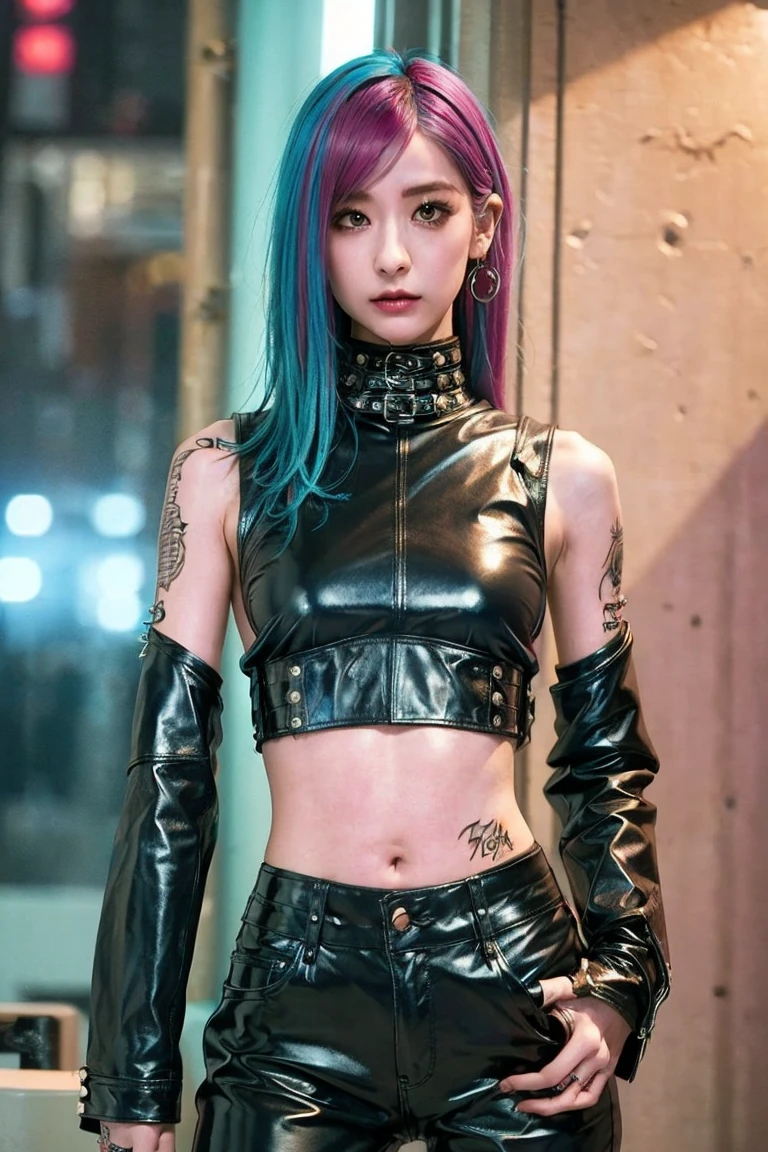 1 girl,Imagine a young girl in a cyberpunk atmosphere....,She has striking colored hair...., For example:::, neon blue or dark red.,In your eyes, Add a touch of cybernetics or futuristic contact lenses that reflect the essence of advanced technology....,-chested and wearing leather., Futuristic and cool style. A short leather skirt with pleated edges showed off her .., it'., in the background, Shows a city full of neon decorations and holograms..., Create a unique atmosphere for the cyberpunk world....,wear' High-tech elements such as flying drones., Flying Car, or beautiful skyscrapers, (hologram tattoo), (Beautiful tattoos), This woman holds the weapon of the future....,She is shown to be a strong character with special skills in technology and combat.... in addition, เพิ่มเครื่องประดับแนวไซเบอร์พังค์ เช่น hologram tattooหรือเครื่องประดับแห่งอนาคตเพื่อทำให้ลุคของเขาสมบูรณ์.,