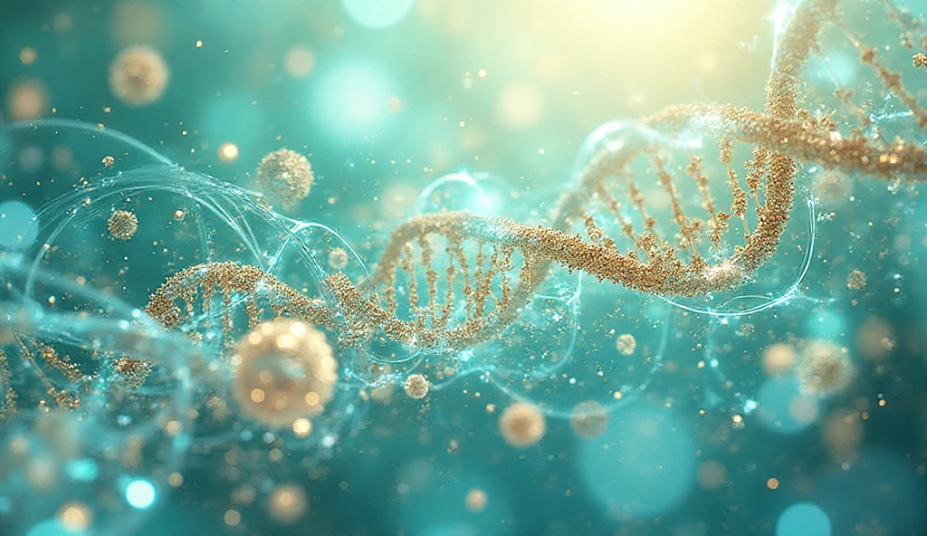 Create a 3D figure that shows a strand of DNA and RNA intertwining into a three-dimensional shape, with highlighted amino acid sequences. Surround these molecules with a hazy golden and blue atmosphere to add depth and realism to the image. --auto