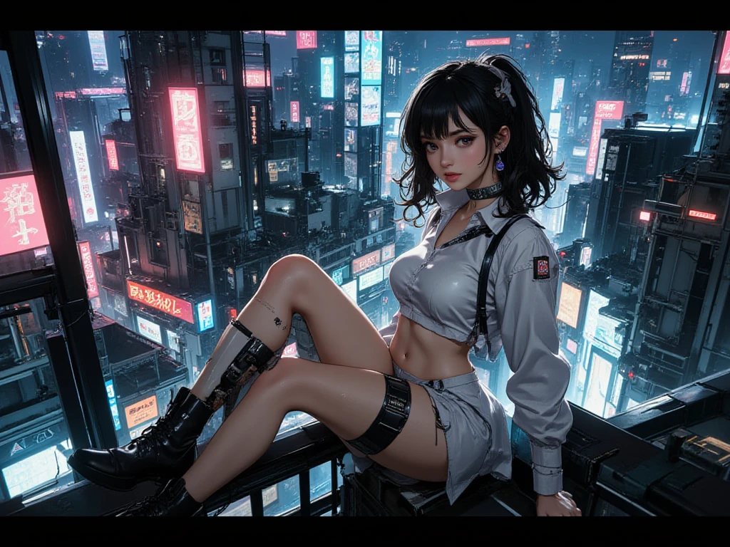 ((16K)),((masterpiece:1.3)), ((Highest quality)), ((Ultra-high resolution)), (Very detailed), (Realistic, photoRealistic:1.4), Perfect lighting,((Side light)), Written boundary depth, Surrealism,photo shoot, No makeup, Film Grain, chromatic aberration, Sharp focus, Face Light,((Beautiful detailsまでこだわった髪)),((Beautiful eyelashes)), Beautifully detailed face, Beautiful details, Beautiful clavicle, Beautiful body, Thin legs,Beautiful breasts, Pointed Chest,Beautiful legs, ((Detailed and carefully drawn hand)), Cleavage, Perfect Anatomy, Supermodel with a long neck,((Skinny1.3)),23 years old,Looking into the camera,(Perfect Anatomy,Anatomically correct, Very detailed肌), Glowing Skin,((beautiful girl:1.1)),(( large breasts :1.5)),((Two Side Up Hairstyle)),((Long Hair:1.4, Wavy Hair:1.2, Black Hair) ,((See-through bangs:1.2)),Dainty facial structure,((Captivating smile:1.3)),((leaning on rail:1.2)),(her legs spread in M legs:1.2), ((spread legs:1.2)),((from side)),((wearing (red)Leather jacket )),((Crop top: 1.1)),Skirt,tie,choker,earrings, Necklace, ((I have a guitar:1.4)),((Guitar playing:1.1)),background((Background of a colorful cyberpunk Tokyo street at night. The scene features futuristic skyscrapers illuminated by neon lights and holographic advertisements. Flying vehicles zip through the sky, while people in cyberpunk fashion walk the streets below. The walls of the buildings are adorned with giant digital screens displaying vibrant ads and animations. The ground is embedded with colorful LED lights, creating an ethereal and otherworldly atmosphere throughout the city)),wide shot