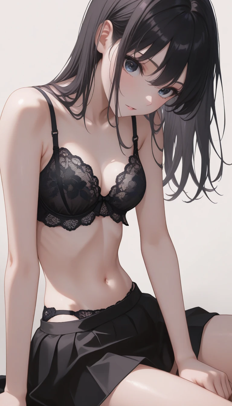 black hair, black eyes, large breast, sexy, mint , mint , mint , a hotel bedroom