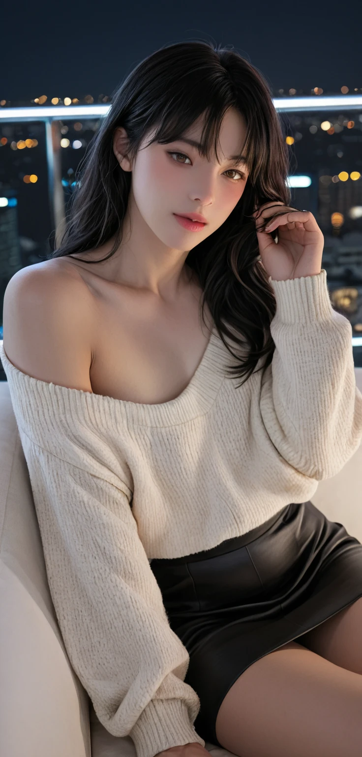 Highest quality, Realistic, Very detailed, High resolution, 8k wallpaper, RAW Photos, Professional photography, Written boundary depth, 1 female, (Ultra detailed face), (Very detailedな表情), (Very fine eye), Standing in a contemporary hotel room, (Red lips), ((Looking into the camera)), (Thighs), short hair, Bob Hair, Shapely breasts, Loose long V-neck  knit sweater, Sexy pose