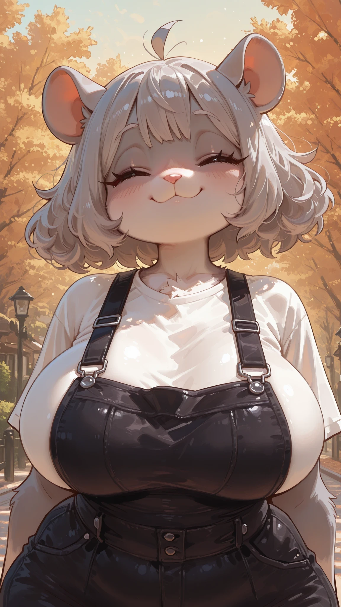 
(furry:1.2), hamster girl, grey fur, body fur, hamster ears, grey hair, short hair, M bangs, pink nose, small nose, long eyelashes, round face, cute face, black overalls, white T-shirt, big breasts, huge hips, curvy, Slightly fat, look at viewer, outside, look at viewer, smiling, small ears, big hair, ahoge, wavy hair
1girl, solo, beautiful girl, UHD, masterpiece, (anatomically correct), super detail, high details, high quality, best quality, HD, 8k