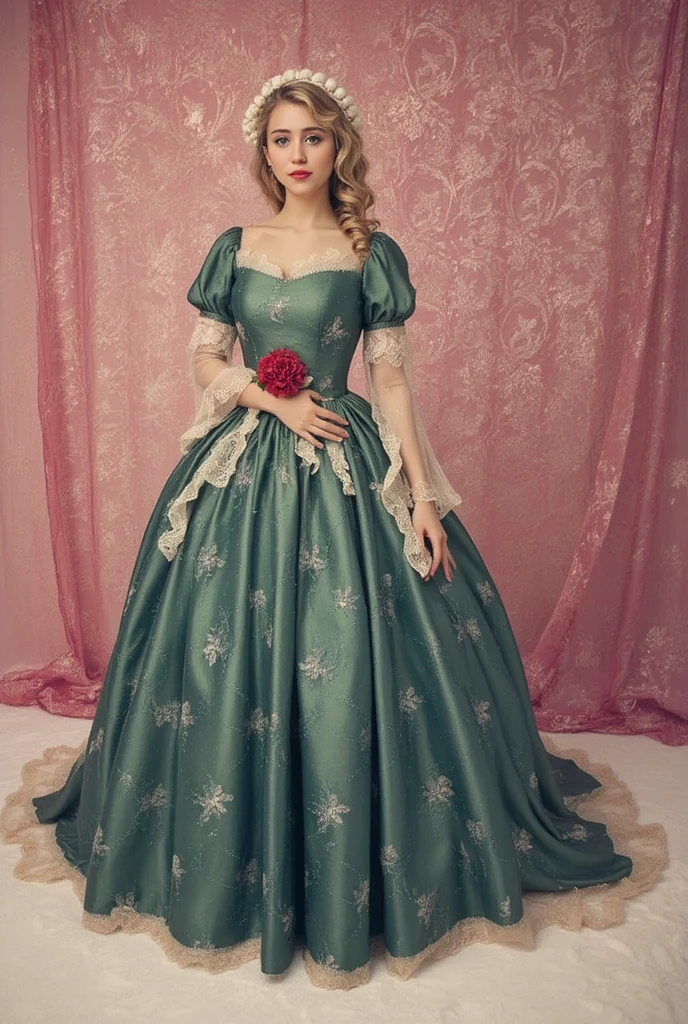 ((High quality work)), the lines are clear and concise, the green dress and the beautiful pleated lace complement each other, which enriches the layers of the entire image, the graceful Edwardian lace dress and princess skirt add a lot to the character, the gesture with the back of the hand backwards , It also shows the gentle and elegant side of women.