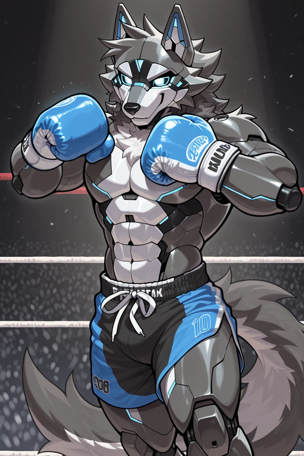 furry,kemono,anthro,
werewolf,wolf ears,wolf tail, dark grey/white fur,blue eyes,
hitting a punching bag in a gym, sweating heavily, musky, 
wearing red boxing shorts with a gigantic bulge, black fingerless gloves, black stirrup socks, 
pawpads,pink pawpads,
sunny day, alone, 