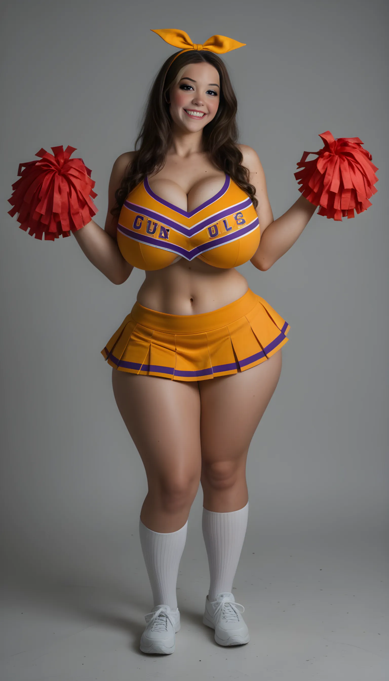best quality,4k,8k,highres,masterpiece:1.2), ultra-detailed, realistic, beautiful young brown skin curvy girl, long black curly hair, detailed eyes and face, long eyelashes, beautiful detailed lips, joyful atmosphere, vibrant colors, warm lighting, very ???????????, in puberty thick thunder thighs, wearing cheerleader outfit, seductive, cheerleading at highschool