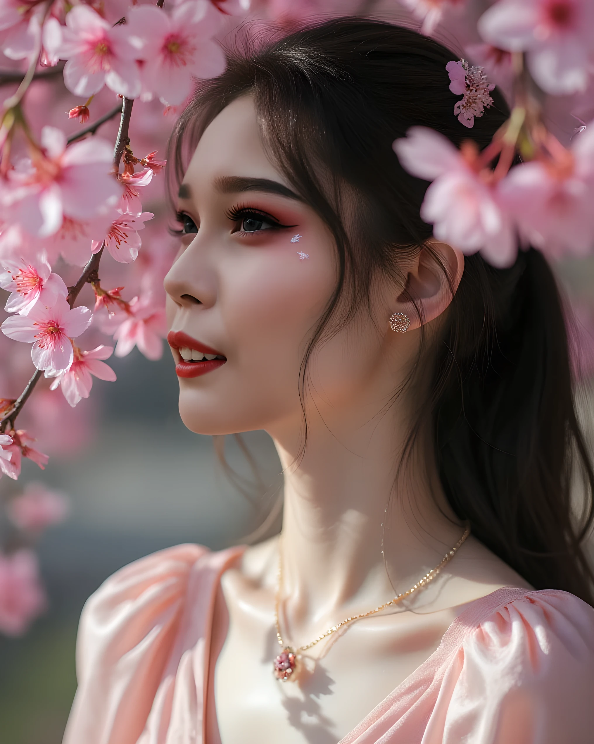 A close-up photo of an elegant woman as a reference image. Her eyes are gazing at something, her head slightly tilted back, her face partially covered by beautiful pink cherry blossoms, with soft shadows from the flowers falling on her face. She is wearing a light pink silk dress with a V-neck and short, flowing sleeves.
Soft natural sunlight illuminates her skin, creating a serene and ethereal atmosphere.
Her straight, dark brown hair is tied back in a high ponytail, with a small decorative hair clip.
Her skin is very fair and clear, like glass.
She is wearing jewelry in the form of a small gold and pink necklace and earrings.
The same face, skin texture, and body texture are uploaded.
Professional editorial photography, magazine cover quality, high resolution, soft focus on the flowers in the foreground, detailed skin texture. Pthu. Edit the uploaded photo (face based on the reference photo). Do not alter the face.