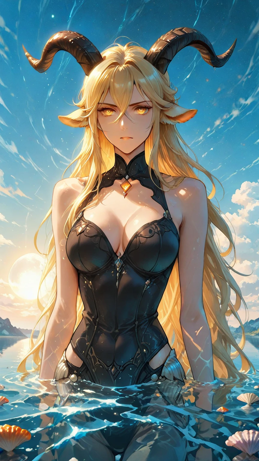 The woman stands with a  demeanor, her figure voluptuous and curvaceous, accentuated by the tight-fitting garments of a slave. Slave collar around her neck with a chain.Her blonde hair are short. Her eyes sparkle with a strange mixture of joy and contentment. Her face bears a serene expression, free from the lines of worry or strife, her lips curved into an evil smile. Though her body may bear the marks of her servitude, there is a haunting beauty to her appearance, a tragic reminder of the sacrifices she has made in service to her masters. She has embraced her role as a slave. Cowboy shot