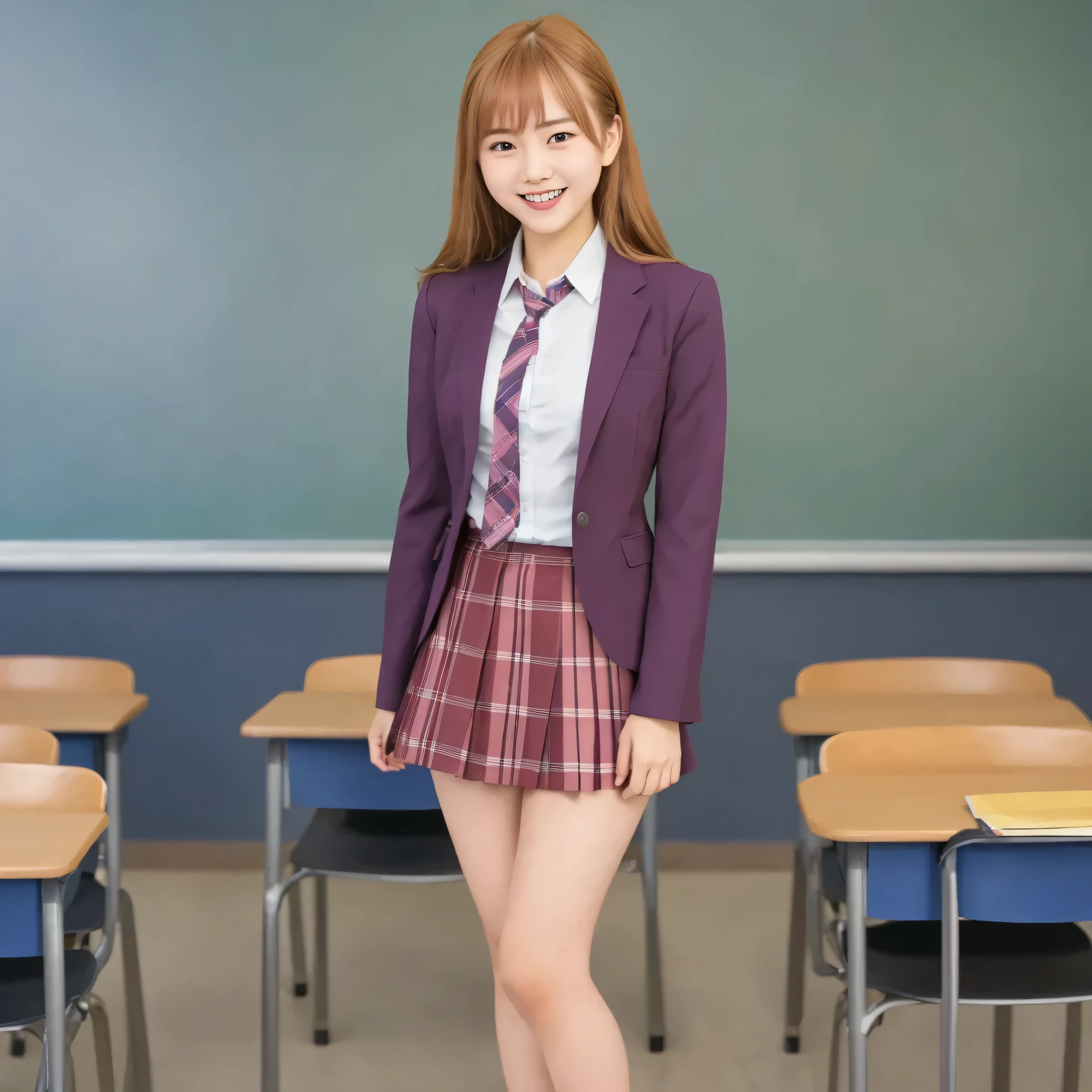 1girl, cute, 16 years old, Smile Yang with a middle-aged man, viewers, blazer uniform, pink check skirt with  in it, seifuku,  Picture , realistic, top quality, hires, detailed face, classroom, detailed background, diffuse lighting,  Depth of coverage , Bokeh, full body shot, miniskirt, thin thighs, small tits, slender body, Swaying Skirt