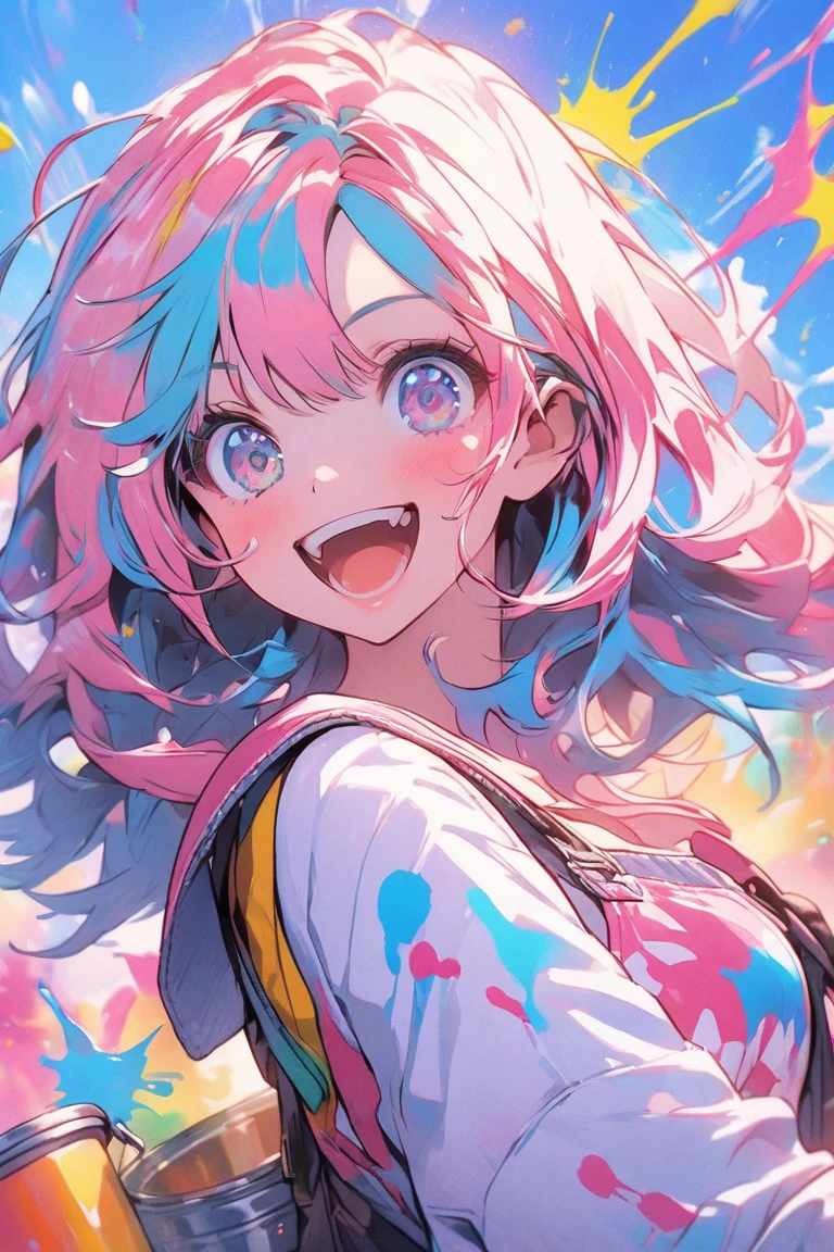 "1 Girl, Artistically messy, Completely covered in vibrant paint."