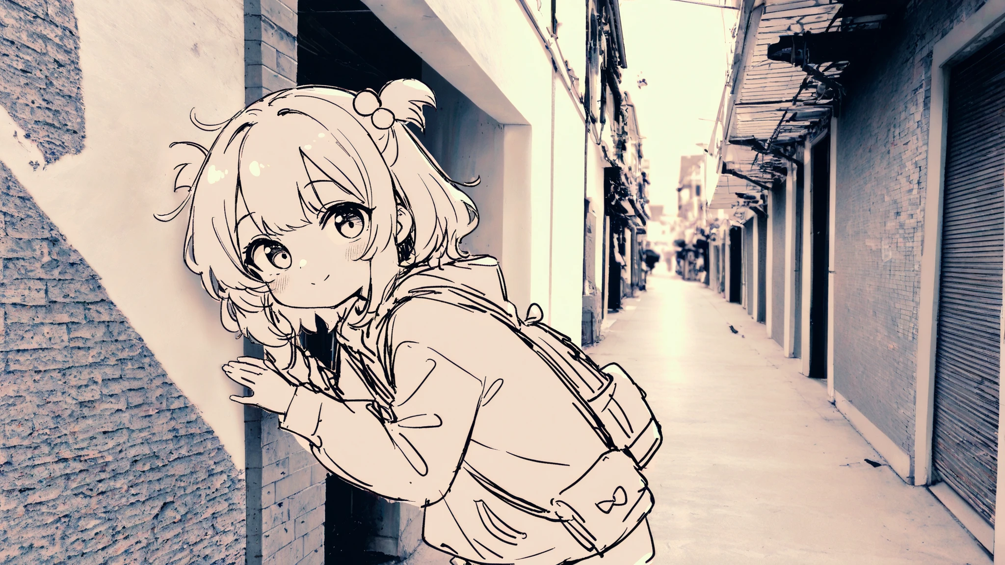 anime-style girl peeking a wall, only half of her body visible, vibrant colored outfit and eyes, natural skin tone, soft flushed cheeks, lively expression, short neatly styled hair with a colorful accessory, hands gripping the edge of the wall, gentle smile, looking toward the viewer, warm and expressive presence、
photo background:monochrome wall and background, concrete or brick texture in grayscale, subtle shading and soft lighting, quiet urban street or hallway, desaturated tones, blurred or simplified surroundings to emphasize the contrast, minimal color except for the girl
