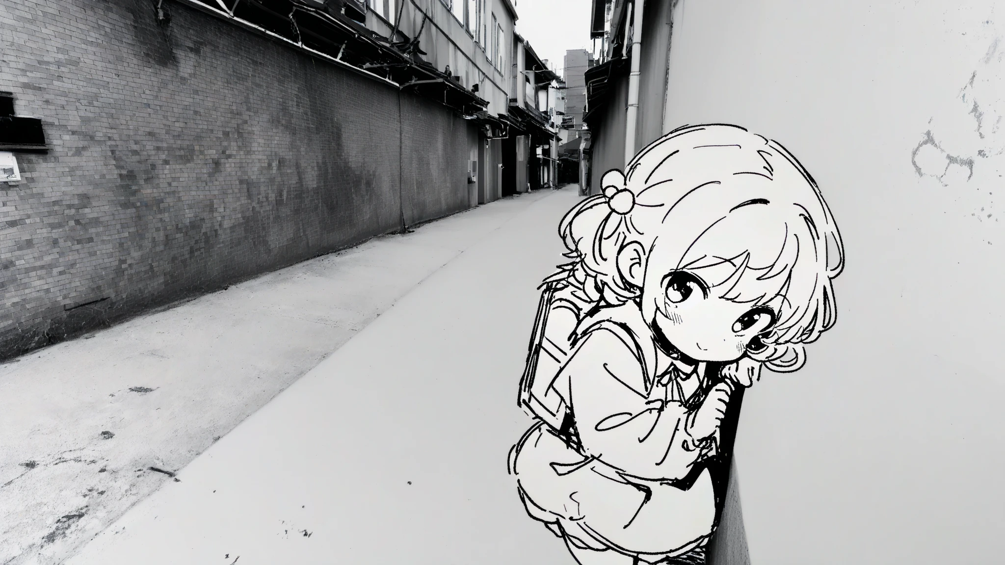 anime-style girl peeking a wall, only half of her body visible, vibrant colored outfit and eyes, natural skin tone, soft flushed cheeks, lively expression, short neatly styled hair with a colorful accessory, hands gripping the edge of the wall, gentle smile, looking toward the viewer, warm and expressive presence、
photo background:monochrome wall and background, concrete or brick texture in grayscale, subtle shading and soft lighting, quiet urban street or hallway, desaturated tones, blurred or simplified surroundings to emphasize the contrast, minimal color except for the girl