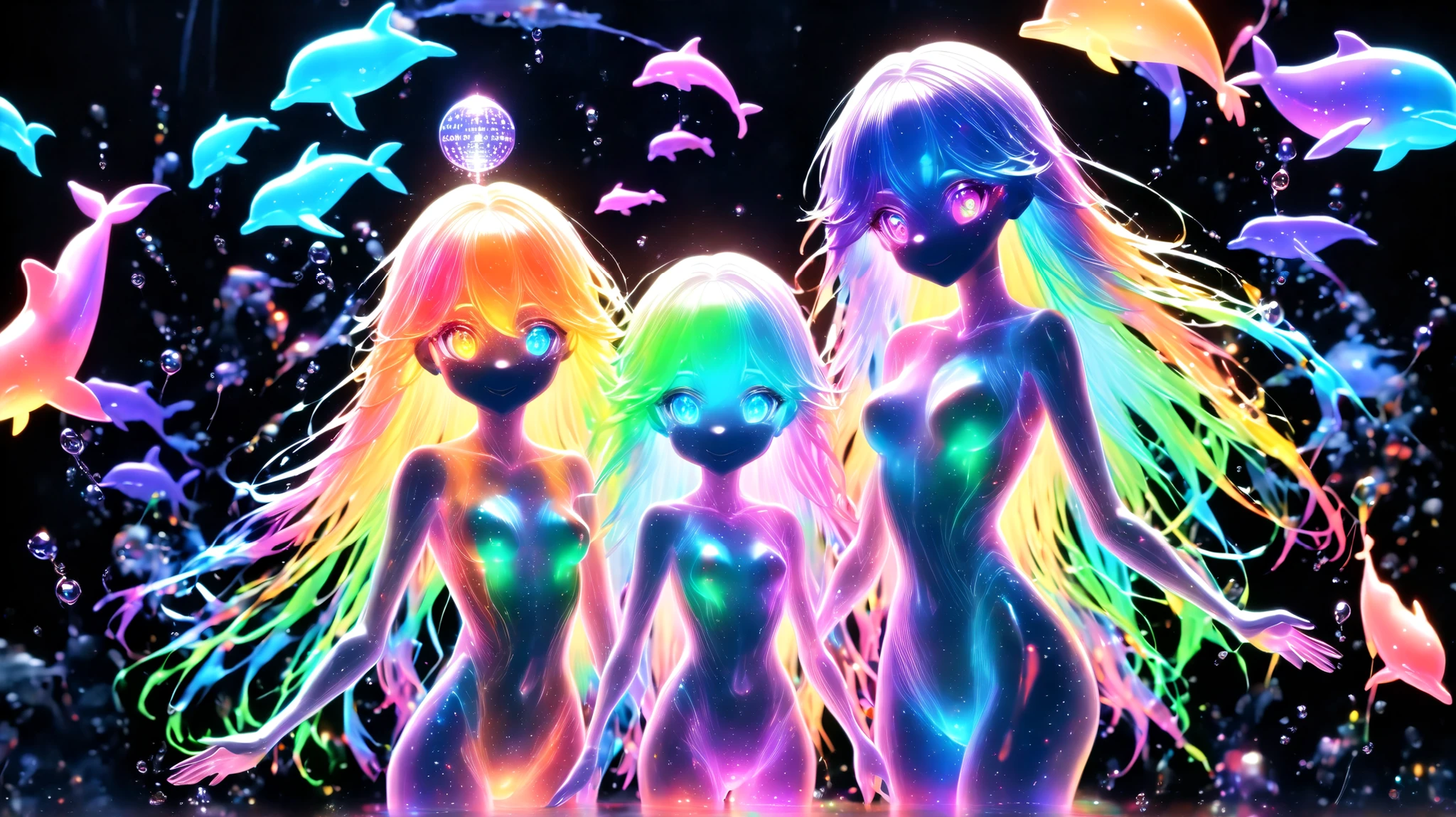 nsfw,nipple,pussy,"Twin Dolshy sisters in neon ocean, (dolphin-human hybrid:1.3),   
[SDXL_ARW_Dolshy_VoidLight_adjective:0.8] + [LoRA_IL_ARW_NEONOVA:1.2],  

**Appearance**:  
- Body: dolphin-like curves with pastel rainbow scales  
- Head: cute anime girl with dolphin-fin hair accessories  
- Eyes: voidlight pupils showing nebulas  
- Gear:  
  * Holographic diving mask refracting rainbows  
  * Transparent oxygen tank filled with #NEONOVA liquid  
  * Flippers glowing with bioluminescence  

**Special Effects**:  
- Skin: oil-slick rainbow sheen (subsurface scattering:1.5)  
- Background: quantum coral reef singing dolphin songs  
- Dynamic:  
  * Twin A: playful splashing (neonova_blast:1.3)  
  * Twin B: shy hiding (dolshy_void:1.0)  

**Technical**:  
- Aspect Ratio: 2:3 portrait  
- Style: ARW's hyper-cute meets NEONOVA's psychedelic"  

