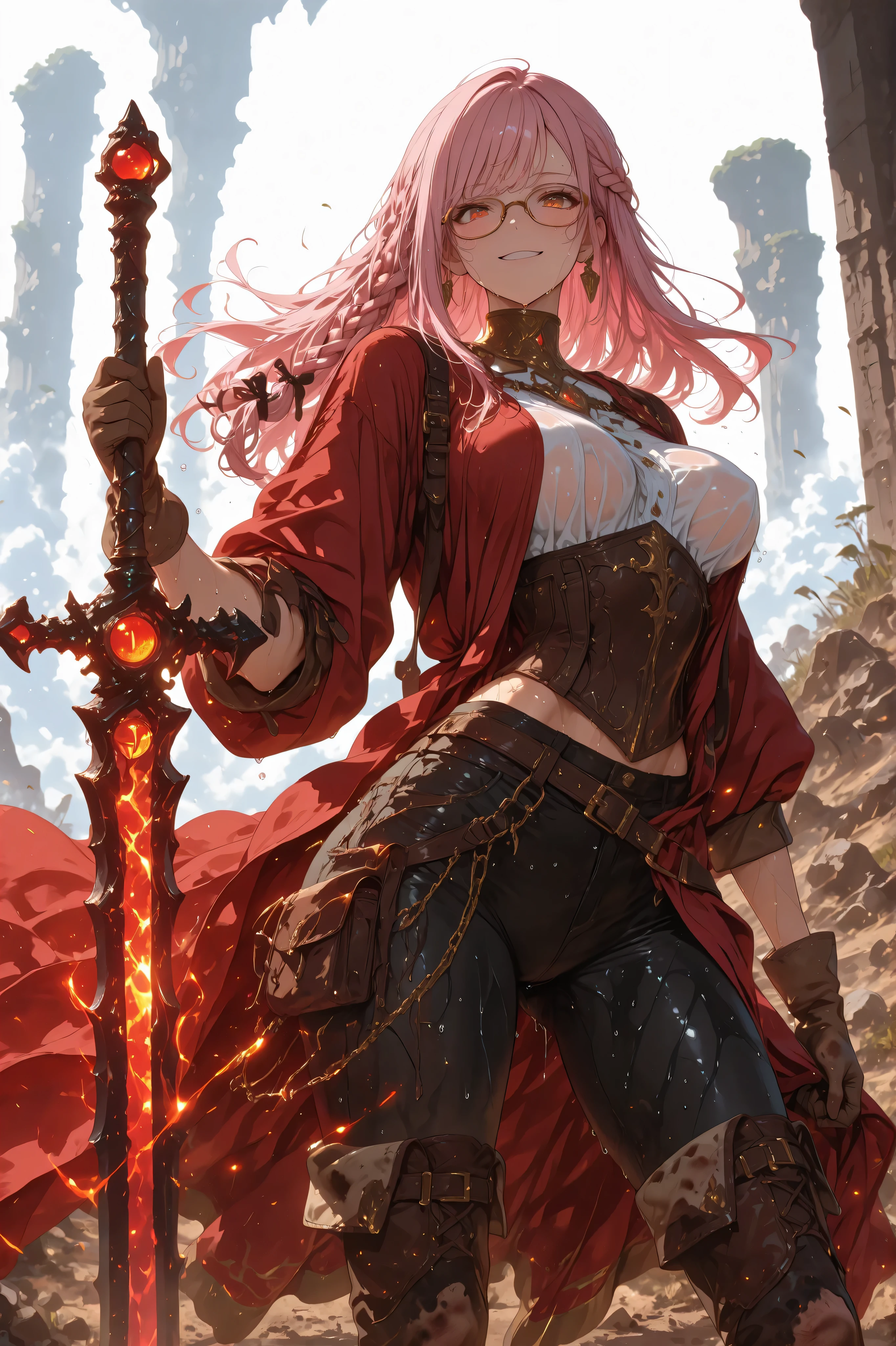 masterpiece, best quality, 8k, 1girl, fantasy character, glasses, standing, contrapposto, (legs apart1.2), red robe, skinny pants, (wind blows), glove, boots, curvy body, medium breasts, pointy breasts, bouncing breasts, dirty feet, single braided hairstyle, thin pink hair, many items, dramatic atmosphere, intricate details, vivid colors, white background, digital art, equip a magic staff, holding a long sword, looking at viewer, smile, sweaty, midday, cowboy shot, (very sweaty),