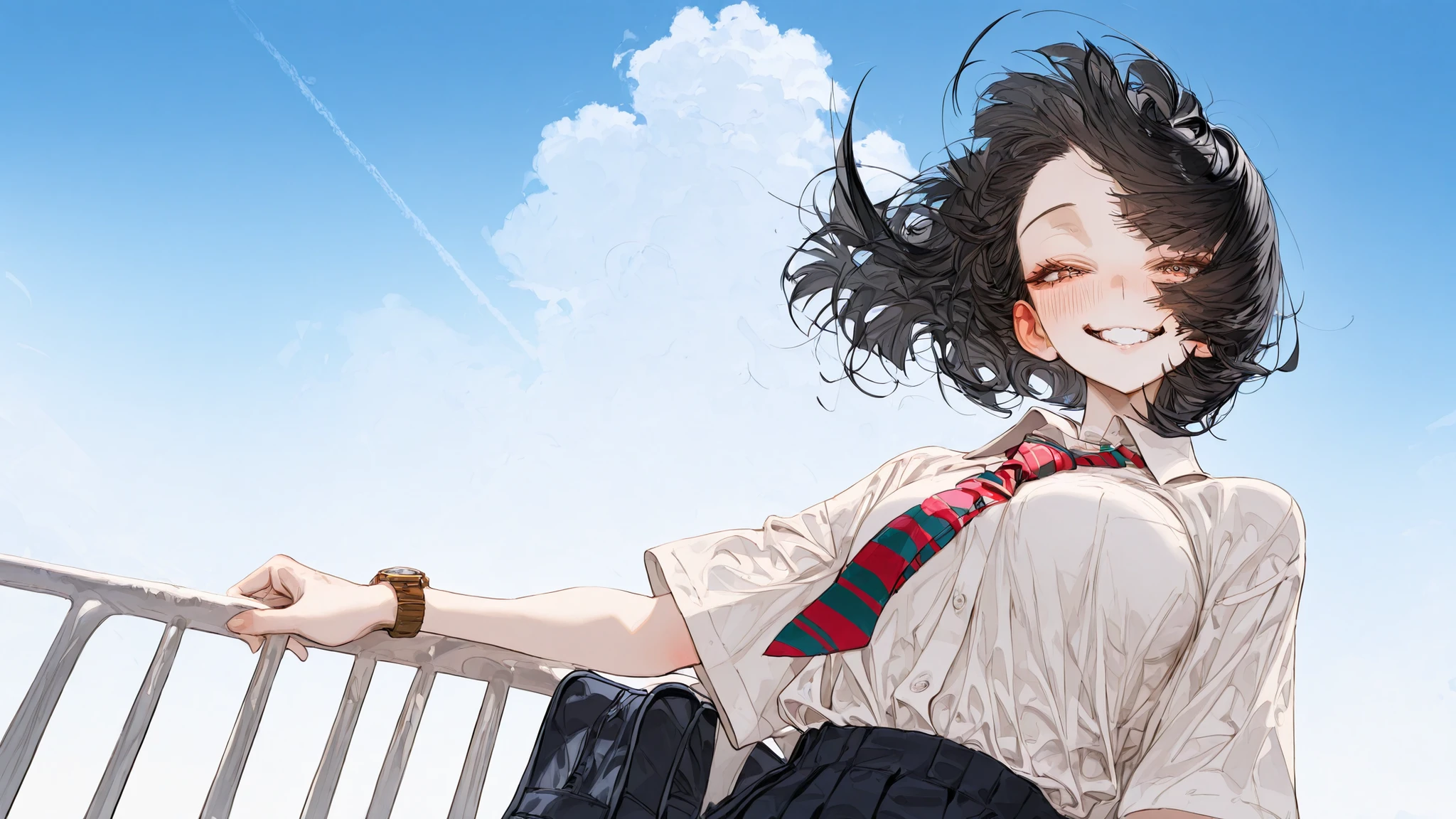 c2Fn, 1girl, smile, solo, bag, necktie, sky, cloud, wristwatch, shirt, watch, outdoors, looking at viewer, blush, grin, white shirt, school uniform, railing, blue sky, day, school bag, red necktie, floating hair, short hair, bracelet, black hair, teeth, against railing, wind, contrail, from below, jewelry, striped necktie, shirt tucked in