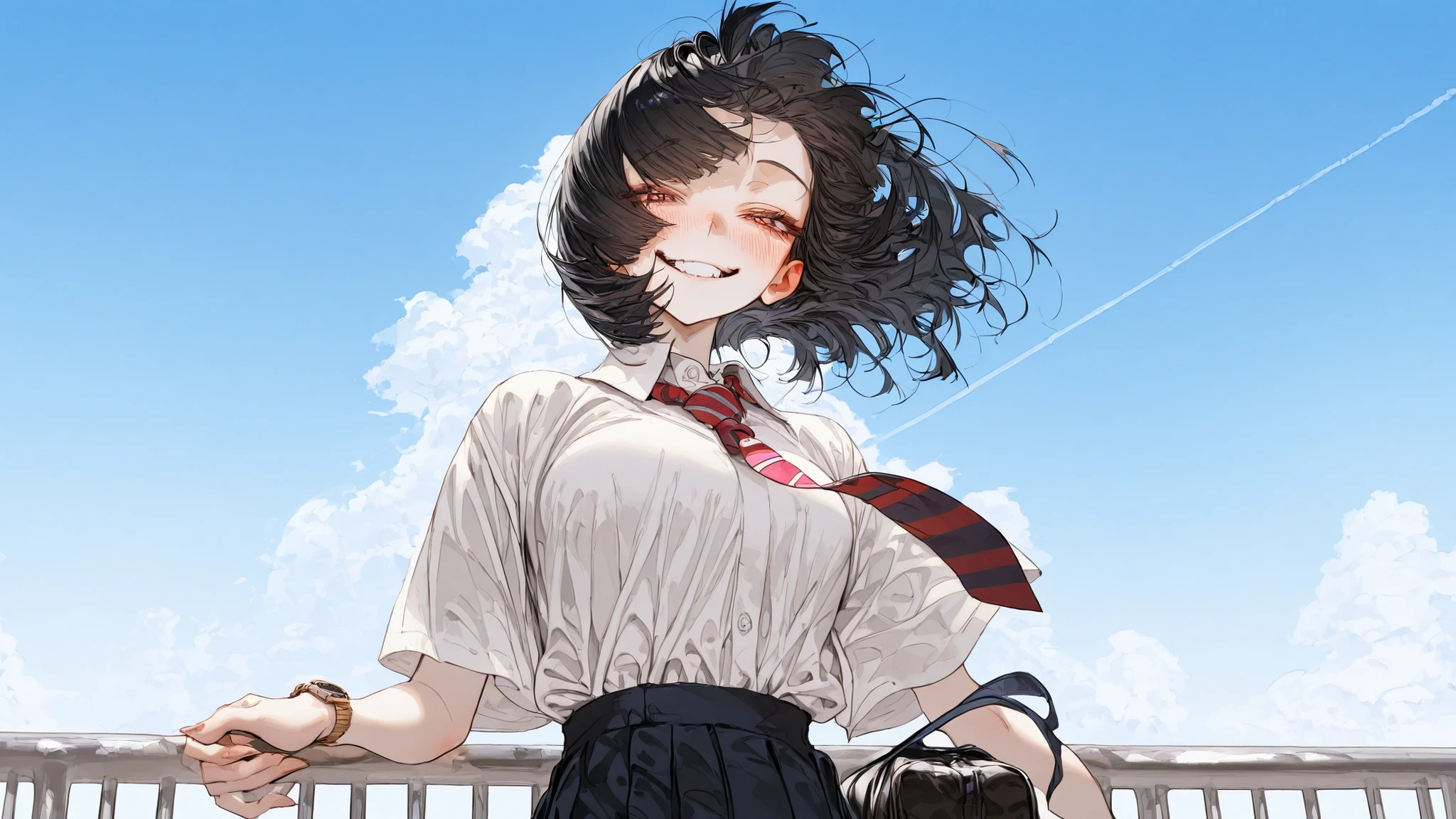  c2Fn, 1girl, smile, solo, bag, necktie, sky, cloud, wristwatch, shirt, watch, outdoors, looking at viewer, blush, grin, white shirt, school uniform, railing, blue sky, day, school bag, red necktie, floating hair, short hair, bracelet, black hair, teeth, against railing, wind, contrail, from below, jewelry, striped necktie, shirt tucked in
