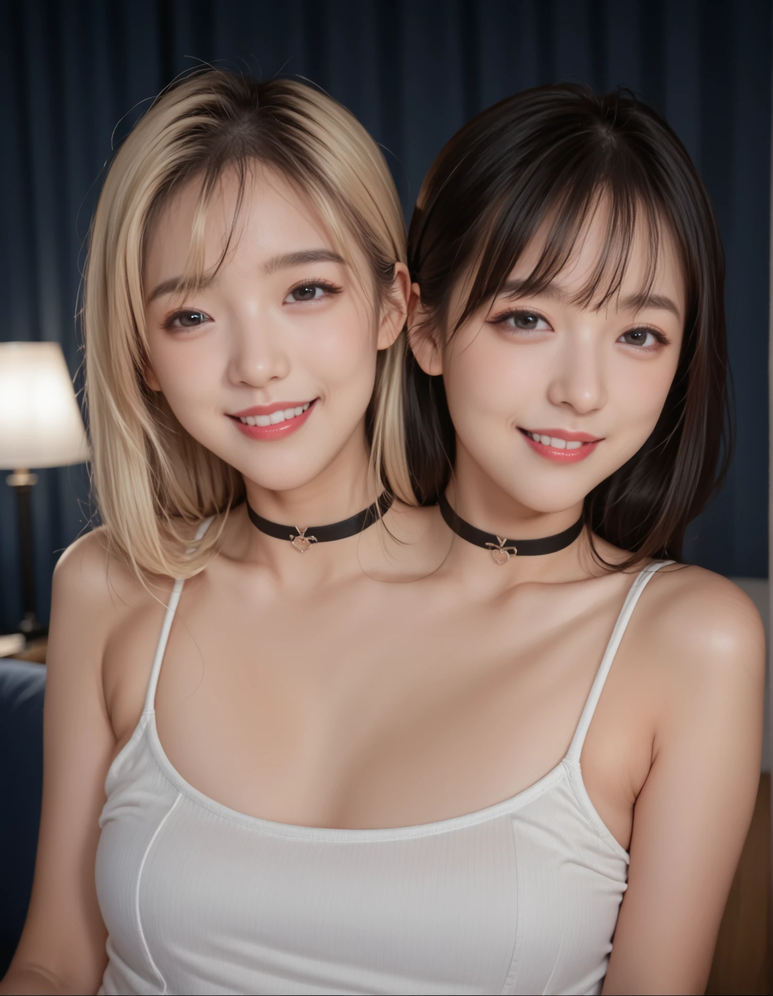 ,best resolution, 2heads, half-body shot,japanese woman with two heads , black hair,blonde hair, different hair colors , chokers, different hairstyles, different faces, white tanktop, curtain background, detailed skin, smiling, lipstick
