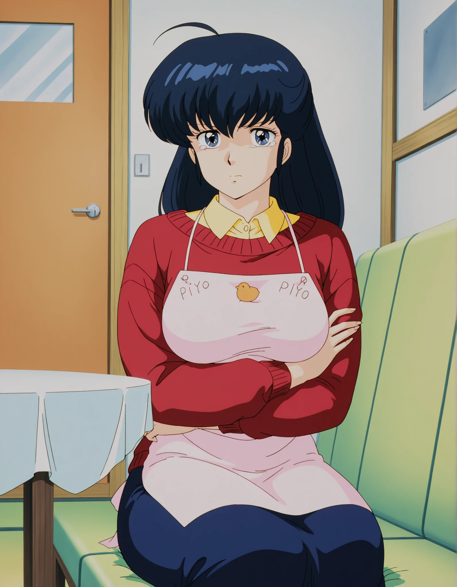 masterpiece, best quality, amazing quality, detailed background, perfect eyes, anime coloring, anime screenshot, 1980s \(style\), 1girl, solo, mature female, otonashi kyouko, black hair, long hair, , blue eyes, medium breasts, yellow shirt under red sweater, long sleeves, blue skirts, piyo piyo apron, folded her arms ,feel jealous , looking at viewer, sitting in her Room ,upset and jealous، alone in ahoge room , tears in her arms ,kotetsu table 