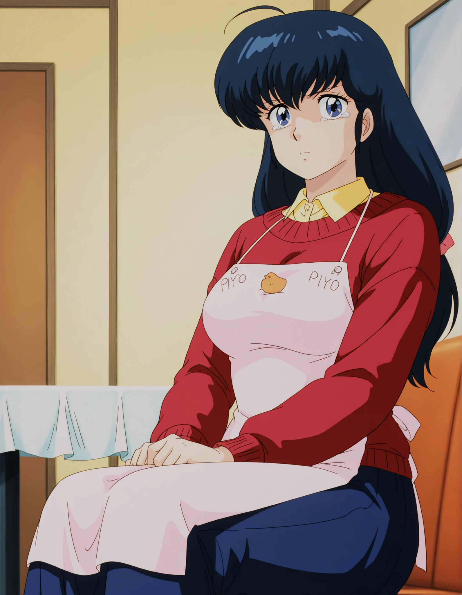 masterpiece, best quality, amazing quality, detailed background, perfect eyes, anime coloring, anime screenshot, 1980s \(style\), 1girl, solo, mature female, otonashi kyouko, black hair, long hair, , blue eyes, medium breasts, yellow shirt under red sweater, long sleeves, blue skirts, piyo piyo apron, folded her arms ,feel jealous , looking at viewer, sitting in her Room ,upset and jealous، alone in ahoge room , tears in her arms ,kotetsu table