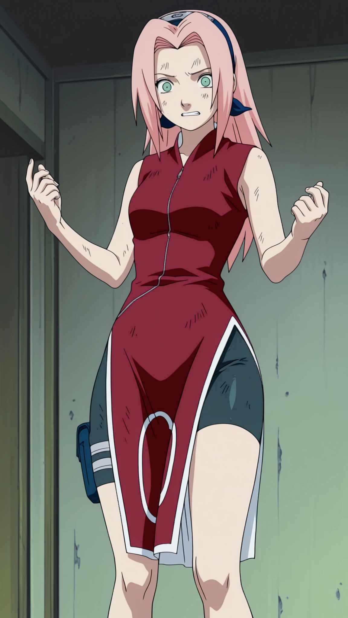 clean, {{scan}}, {{{masterpiece}}}, {{{high quality}}}, {{{animated}}}, anime colored, {{{official art}}}, perfect body, perfect face, extreme detail, perfect anatomy, intricate,, (highly detailed), , 1girl ,(beautiful details:1.3), perfect eyes, perfect hands, masterpiece,best quality,amazing quality,、, , best quality,Haruno Sakura,1girl ,official,,bike shorts ,Fearful Expression, soft thighs