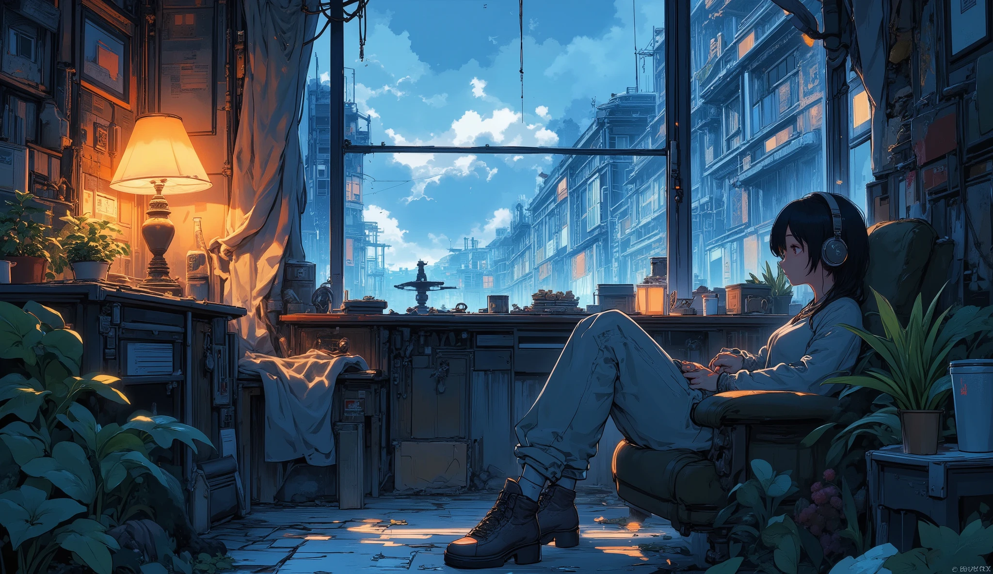 “A small survivor room in a ruined building, warm lofi lamp glow, cracked windows showing destroyed city outside, plants growing through floor, person relaxing with headphones and coffee, cozy despite chaos.”