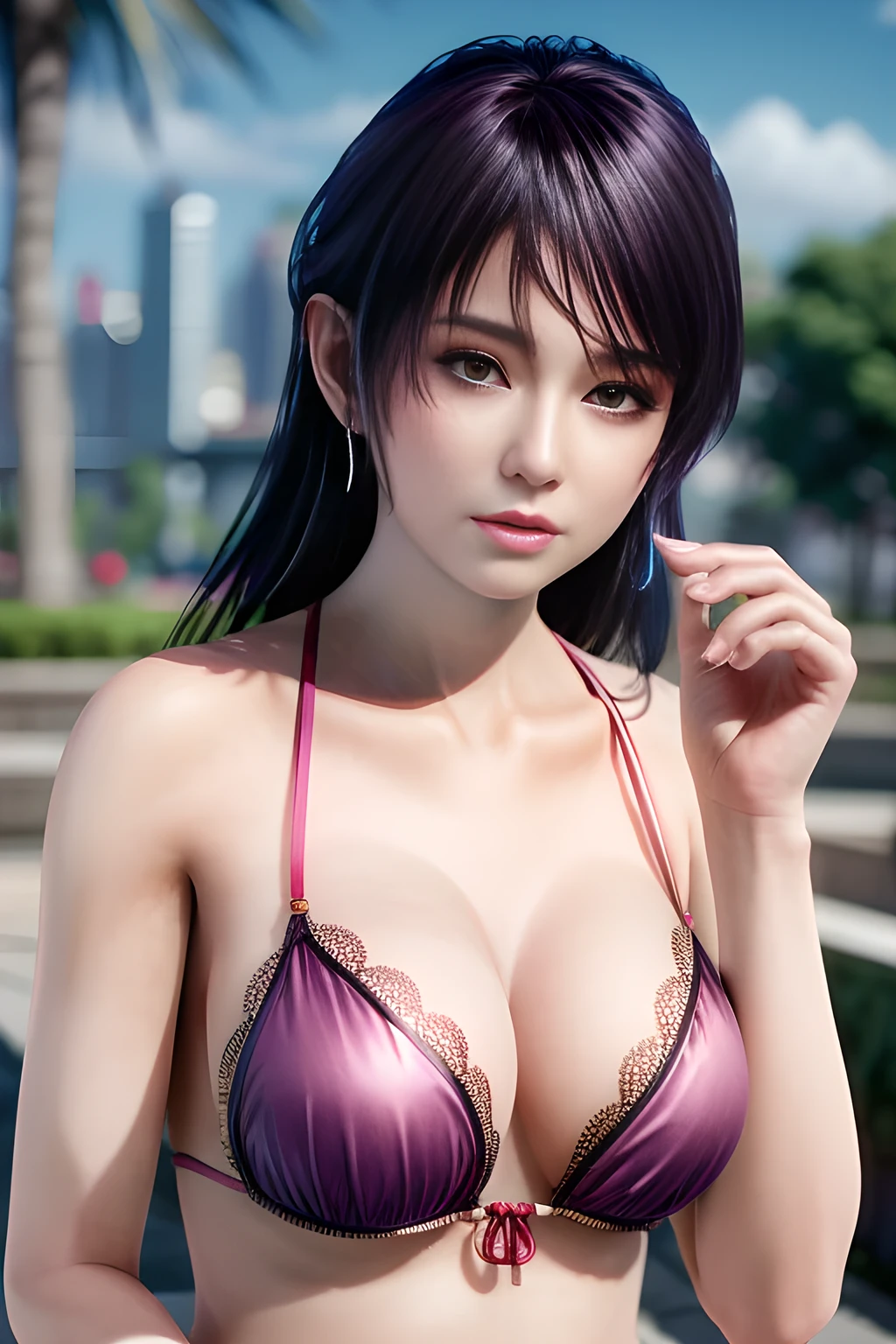 1 girl,Shandy,skirt,(Dress by (Peacock feathers)),outdoor,  (permanent,sexy model pose:1.2),jewelry,grace,(((red lips))), Lips slightly open,  clavicle,Lactation,(huge ),((8k, original photo, top quality, masterpiece), HD RAW color photos professional close-up photos, (actual, photorealism: 1.37), (best quality),8k,soft sunshine, Fabric luster,alone,