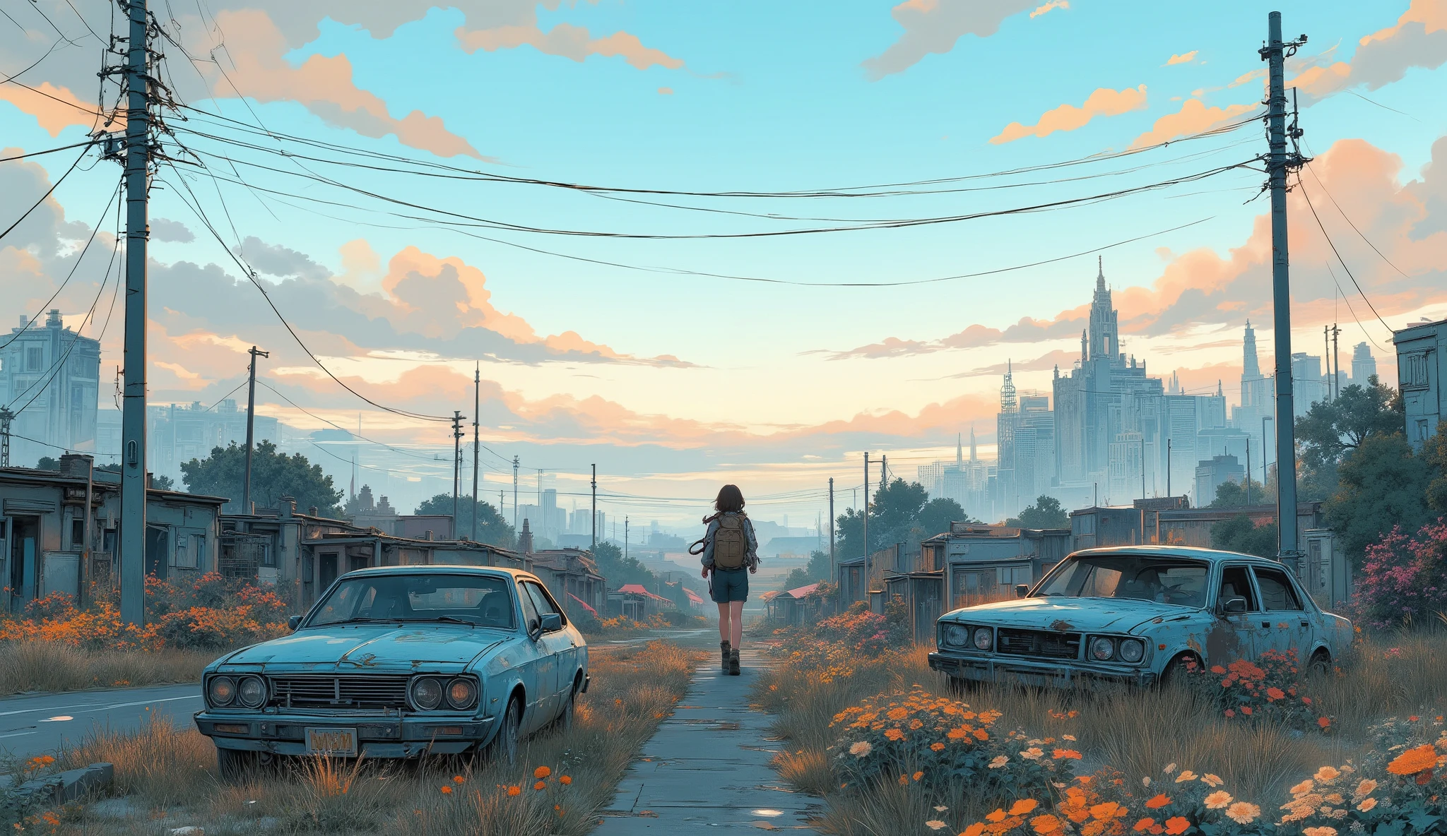 “Lofi wasteland walk, lone traveler with backpack and headphones, destroyed cars covered in flowers, pastel skies, calm breeze, dreamy melancholy vibe.”