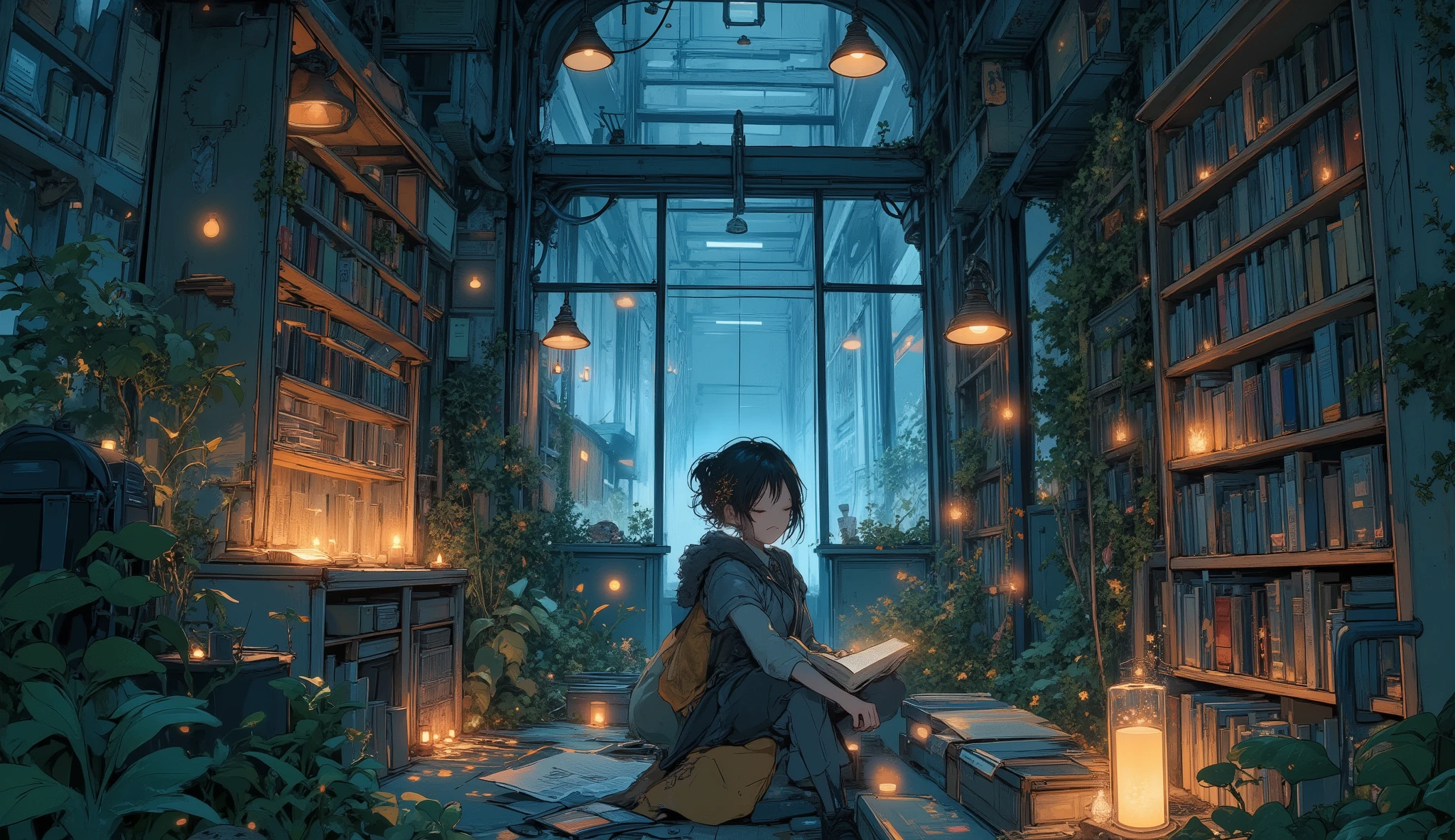 “Post-apocalypse library turned into a cozy hideout, candles and soft lofi lights, overgrown plants between bookshelves, survivor reading calmly while the outside world crumbles.”