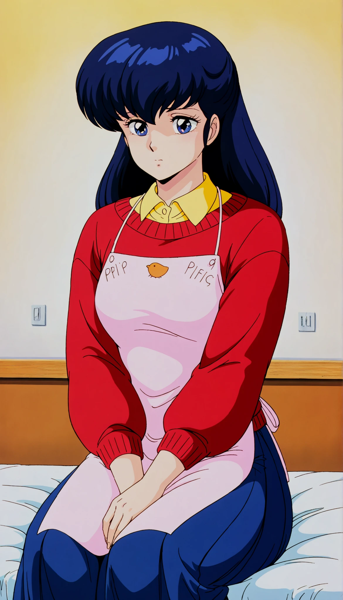 clean, {{scan}}, {{{masterpiece}}}, {{{high quality}}}, {{{animated}}}, anime colored, {{{official art}}}, perfect body, perfect face, extreme detail, perfect anatomy, intricate, retro 1980s, (highly detailed), solo, 1girl ,(beautiful details:1.3), perfect eyes, , masterpiece,best quality,amazing quality,、otonashi Kyoko, blue hair, long hair, , best quality , Good quality , ,Alone, ,, red sweater, yellow shirt under red sweater, blue long skirt, Apron , A A feeling of tenderness and compassion ,compassionate_ , sad Eyes blue shinny , cute _ jealous , solo. , Slim Figur, On bed