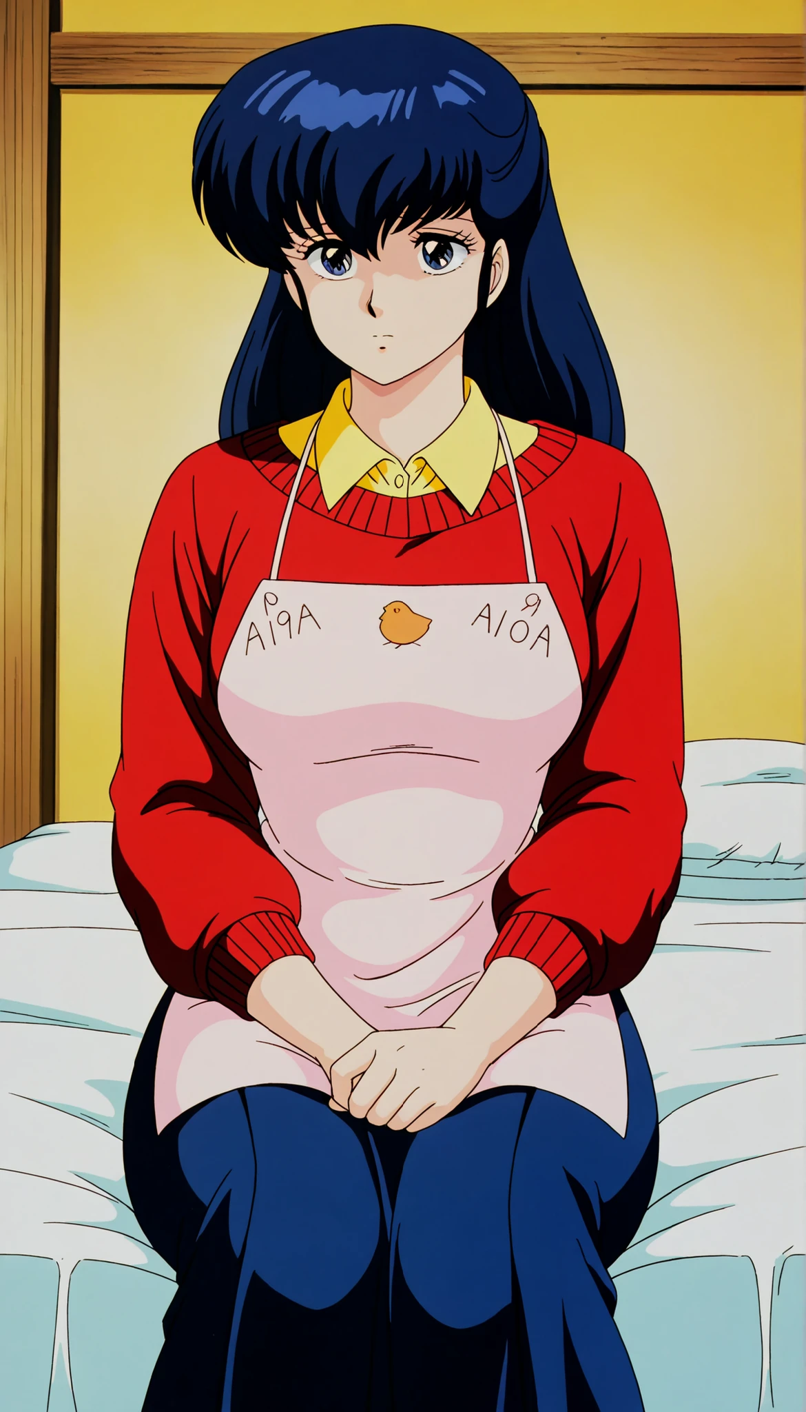 clean, {{scan}}, {{{masterpiece}}}, {{{high quality}}}, {{{animated}}}, anime colored, {{{official art}}}, perfect body, perfect face, extreme detail, perfect anatomy, intricate, retro 1980s, (highly detailed), solo, 1girl ,(beautiful details:1.3), perfect eyes, , masterpiece,best quality,amazing quality,、otonashi Kyoko, blue hair, long hair, , best quality , Good quality , ,Alone, ,, red sweater, yellow shirt under red sweater, blue long skirt, Apron , A A feeling of tenderness and compassion ,compassionate_ , sad Eyes blue shinny , cute _ jealous , solo. , Slim Figur, On bed