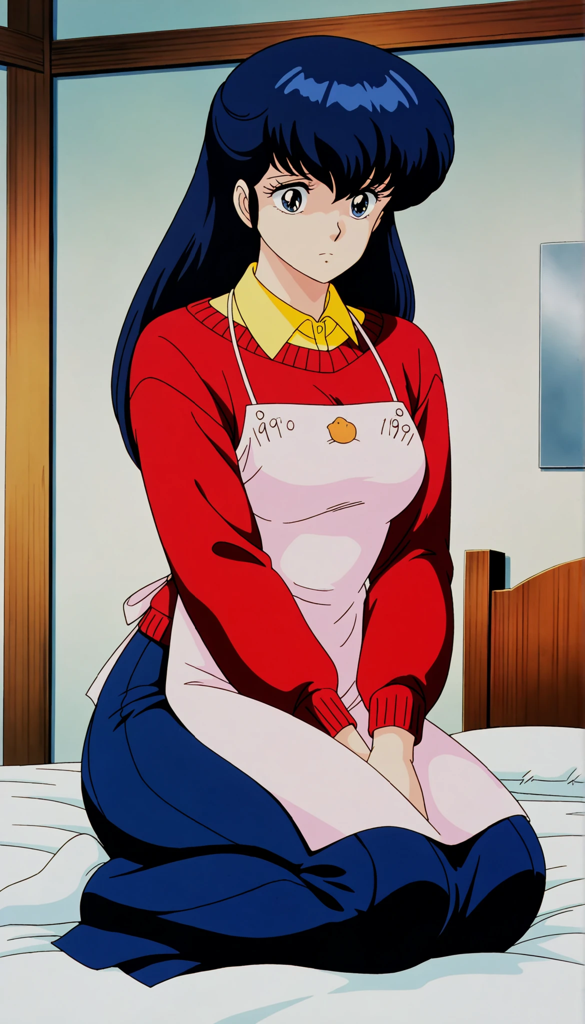 clean, {{scan}}, {{{masterpiece}}}, {{{high quality}}}, {{{animated}}}, anime colored, {{{official art}}}, perfect body, perfect face, extreme detail, perfect anatomy, intricate, retro 1980s, (highly detailed), solo, 1girl ,(beautiful details:1.3), perfect eyes, , masterpiece,best quality,amazing quality,、otonashi Kyoko, blue hair, long hair, , best quality , Good quality , ,Alone, ,, red sweater, yellow shirt under red sweater, blue long skirt, Apron , A A feeling of tenderness and compassion ,compassionate_ , sad Eyes blue shinny , cute _ jealous , solo. , Slim Figur, On bed