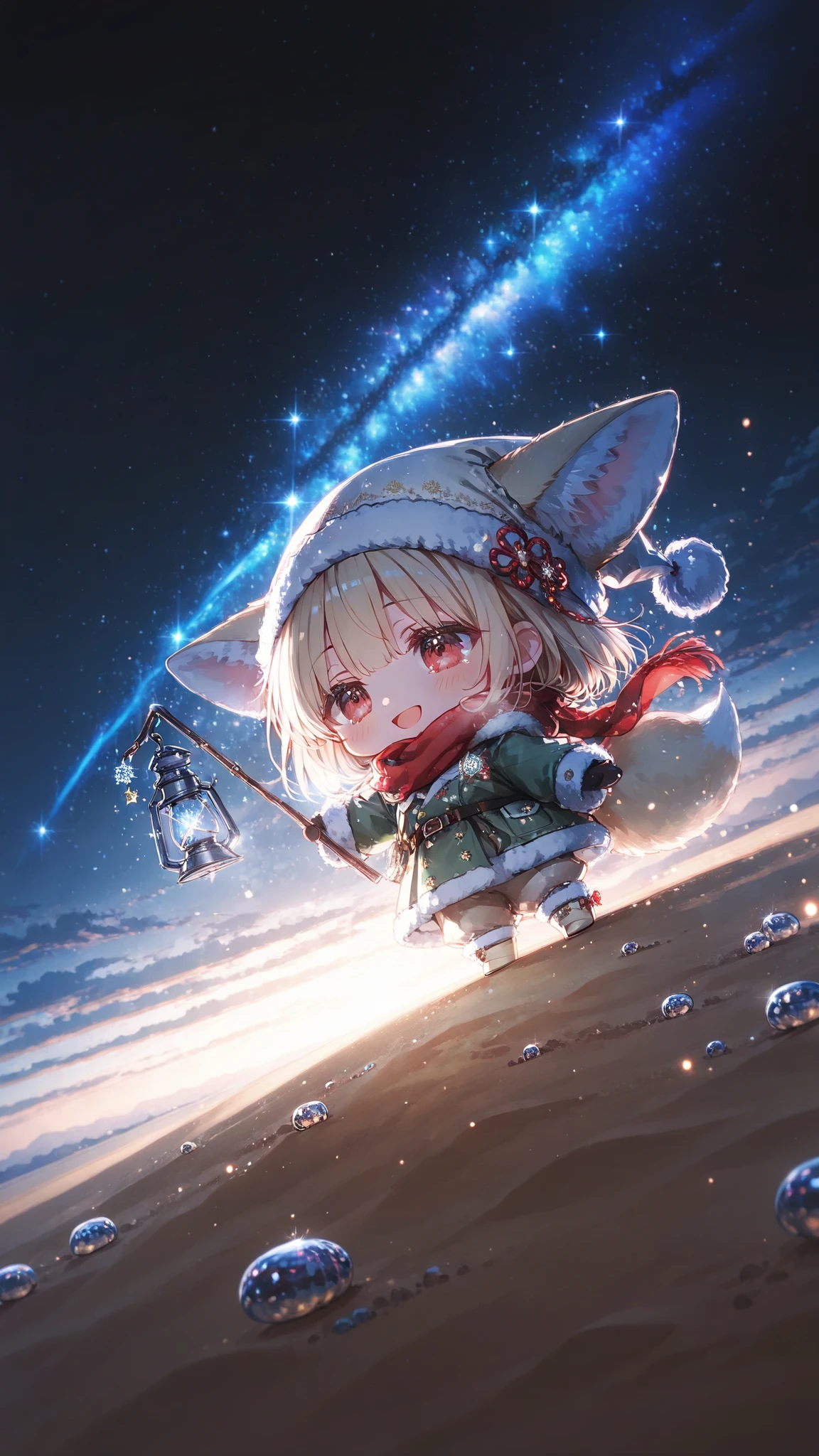 colored pencil sketch, vintage storybook illustration, gentle outlines, warm atmosphere ,
1girl , solo , fennec fox girl , cute , (chibi:1.5) , super-deformed , red eyes, happy, smile, open mouth, wide shot , from side , high angle ,
at midnight, darkness , Under the starry sky, a girl stands atop the sand dunes. She has come to gather the faintly glowing stardust scattered across the ground. Countless tiny stardust pebbles, raining down from the sky, lie strewn about the earth. The gently glowing stardust pebbles softly illuminate the land, faintly lighting up the night's darkness. Grains of stardust falling from the sky, a dreamlike nighttime atmosphere.
green winter coat with white fur trim, slightly oversized, vintage snowflake-shaped buttons,
fluffy white hat with large pompom, her ears naturally poking out, belt-loop pants, thick off-white socks,
beige boots with white fur trim,
A long red scarf fluttering in the night breeze,
A large silver lantern dangling from the belt loops of trousers, filled with gathered sparkling star pebbles, emitting a warm glow from within,
Holding a net for catching stars in one hand.
A small, soft fabric star charm tied near the base of the ear, softly sparkling.
Stardust pebbles illuminating her footsteps, Soft reflections dancing on the sand, A magical glow.
eyes reflection , moistened eyes , well-defined features , a beautiful face , beautiful eyes , fine hair , fine skin ,
( ambient occlusion:0.9 ) , masterpiece , best quality , ultra-detailed , high resolution , good , extremely detailed CG , unity 8k wallpaper , super detailed skin , perfect , detailed beautiful face , detailed beautiful eyes , highres , chiaroscuro , highly detailed background , elaborately designed clothes , dramatic lighting , dramatic Angle , light particles , RAW