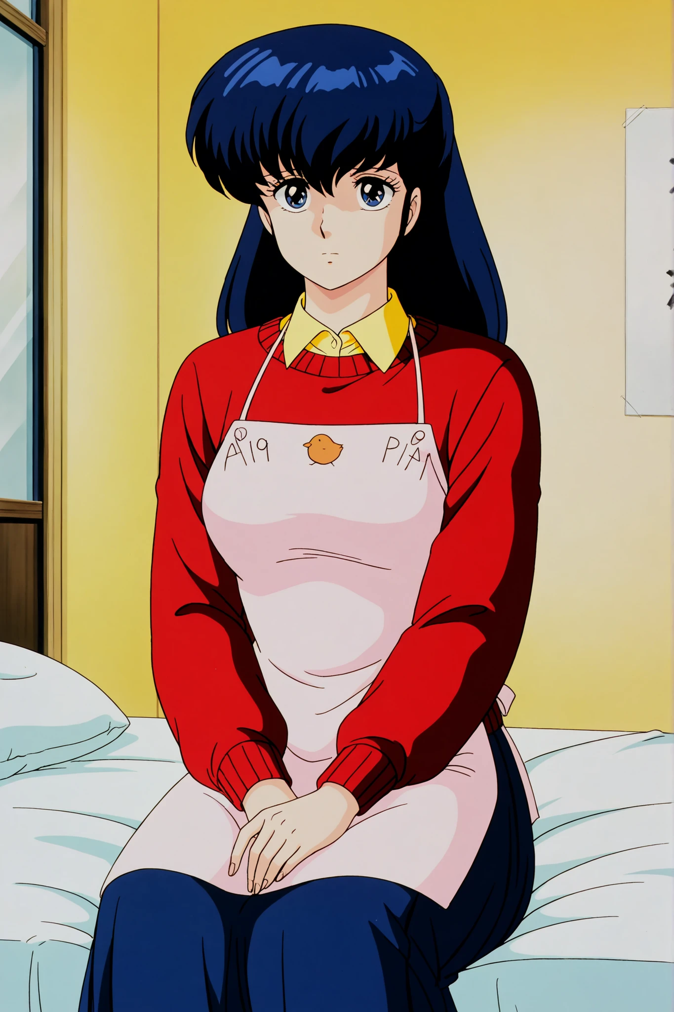clean, {{scan}}, {{{masterpiece}}}, {{{high quality}}}, {{{animated}}}, anime colored, {{{official art}}}, perfect body, perfect face, extreme detail, perfect anatomy, intricate, retro 1980s, (highly detailed), solo, 1girl ,(beautiful details:1.3), perfect eyes,  , masterpiece,best quality,amazing quality,、otonashi Kyoko, blue hair, long hair,  ,  best quality ,  Good quality   , ,Alone, ,, red sweater, yellow shirt under red sweater, blue long skirt, Apron , A A feeling of tenderness and compassion ,compassionate_  , sad Eyes blue shinny , cute _  jealous  , solo. , Slim Figur, On bed