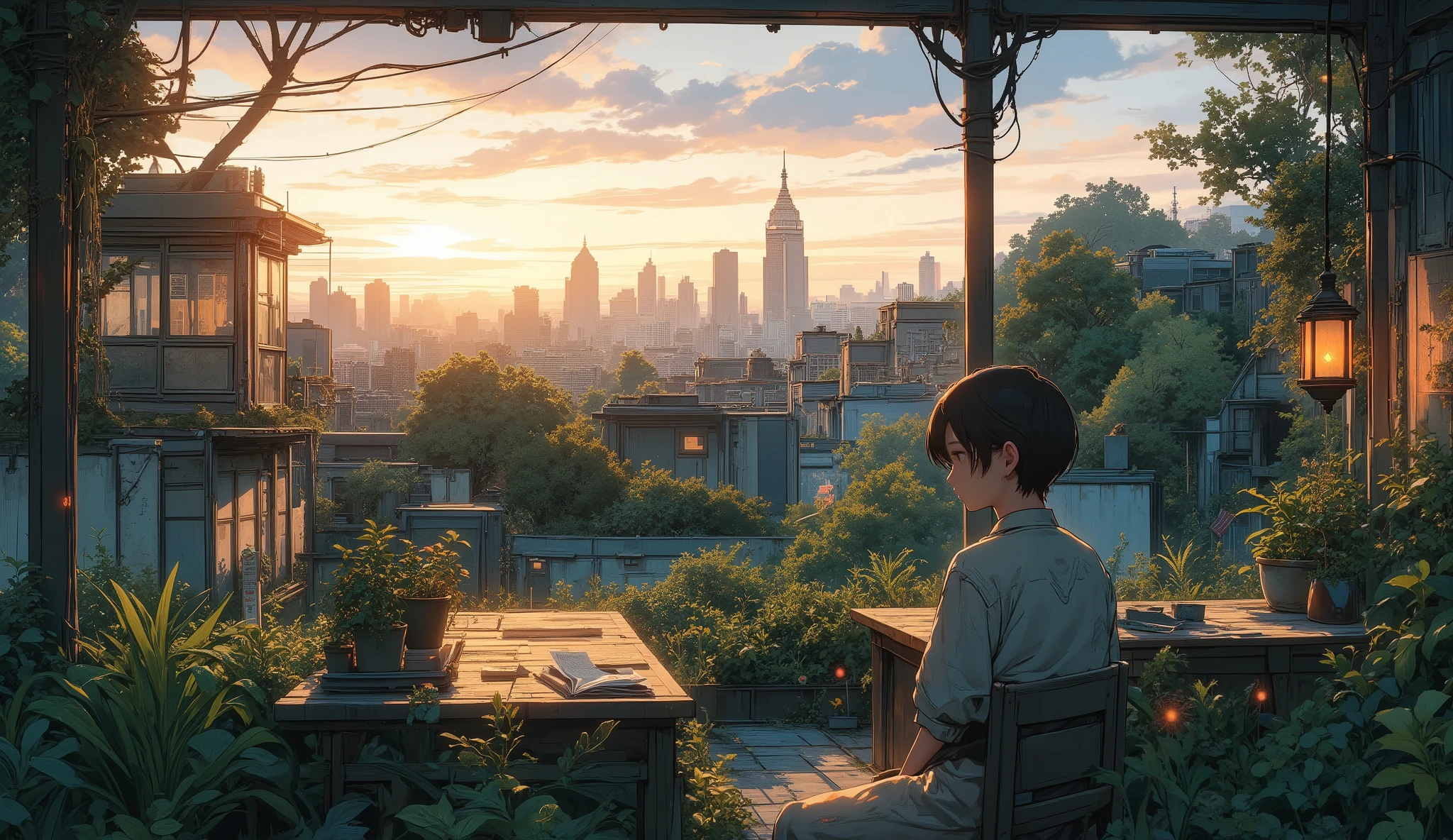 “Rooftop garden grown after civilization fall, handmade lanterns hanging, lofi grain texture, destroyed skyline in the background, warm wind blowing papers gently.”