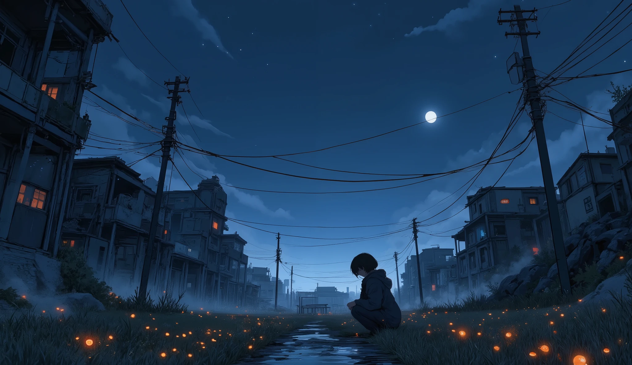 “Quiet lofi apocalyptic night scene, moonlight shining on collapsed buildings, small radio playing static-laced music, fireflies glowing around.”