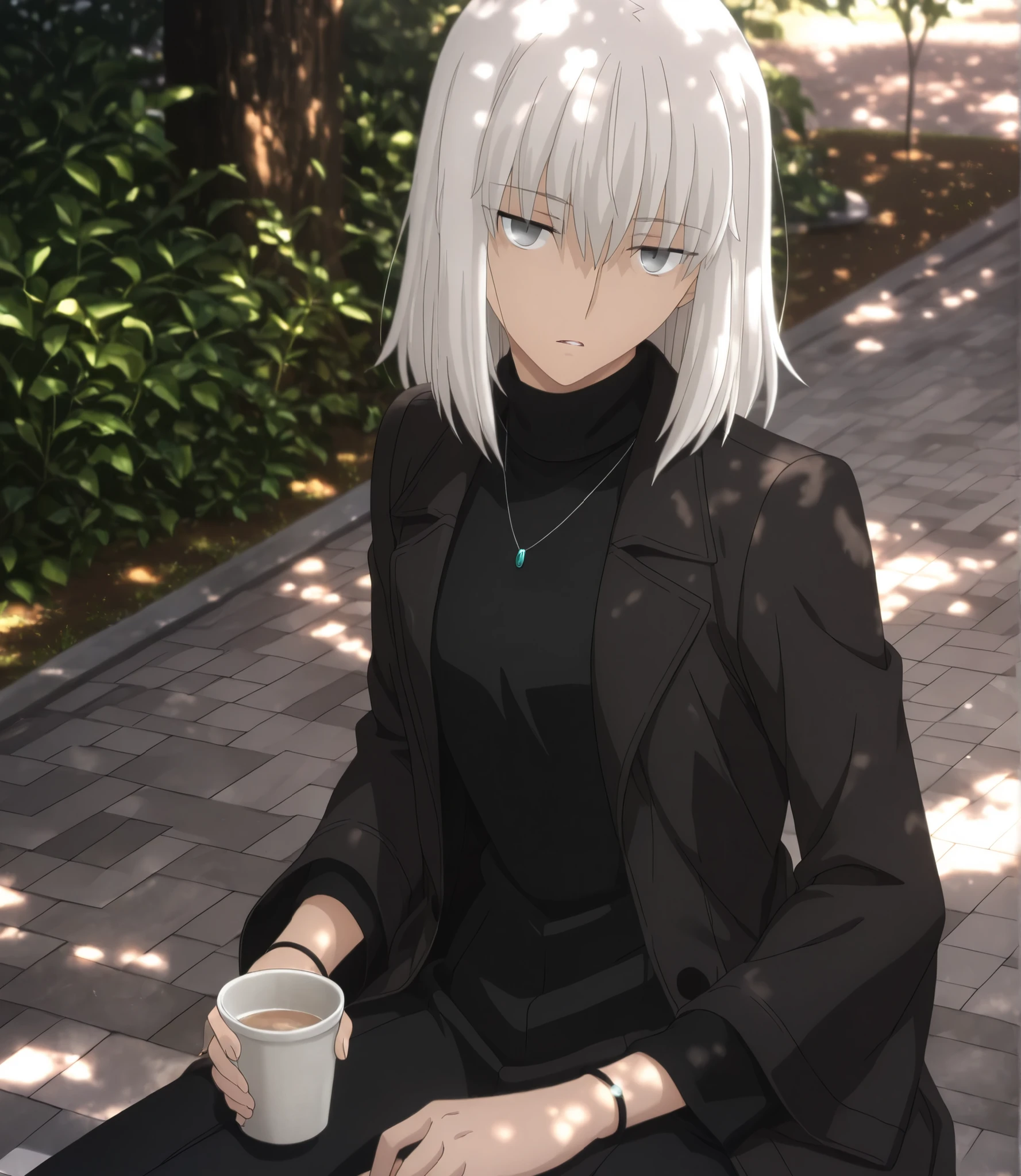 ufotable style ,masterpiece,best quality,good quality,newest, 8k, from side, from above,
outdoors ,((dappled sunlight ,cinematic light, sunlight, backlight)), (sitting ), (plant ,detailed background, park),parted lips, , 
expressionless, , 
looking at viewer, head tilt, bracelet,  ,(hair over eyes:0.9),wispy bangs, long bangs,(mature female:1.2), paper cup,
solo,
(anime coloring, anime screencap), 
fate heaven`s feel official style, 1 mature girl, wolf cut hair,(white hair, ),(medium hair, ),(flipped hair:0.2),(tsurime ,jitome), (light gray eyes),slim long arms,(small chest),(tall girl, aged up, :1.31),
cowboy shot, , ,
(black turtle neck, long coat, long sleeve), ,  ,