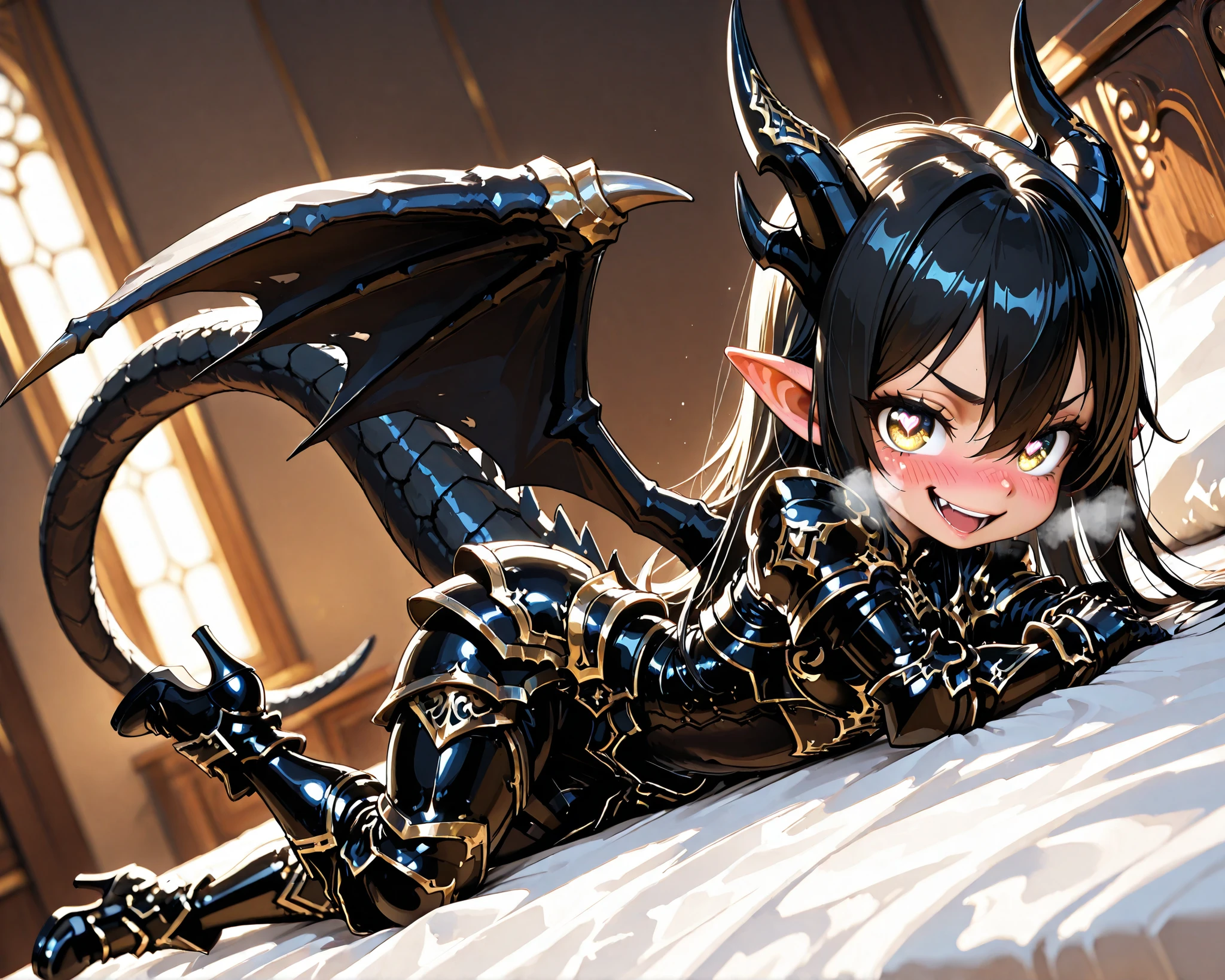 score_9, score_8_up, score_7_up, absurdres, (((128K Ultra High Resolution))), (masterpiece, best quality: 1. 5), (high definition: 1. 4), (highres), 8K wallpaper, (excellent graphics: 1. 5), CG, (((Japanese Anime style))), (chibi, super cute, super deformed: 1. 5), (SD character, shortstack, 2-head-tall: 1. 5), (tiny body, big round head, short limbs, round face: 1. 5), 1 boy\(very small kid), (solo), weredragon, glossy black, shiny black leather, (((beautiful golden eyes, finely detailed eyes, bright eyes, heart symbol eyes))), (hair between eyes, black hair, long hair, sideburns, wild hair), (((sadistic smile, naughty face, open mouth))), ((ultra detailed face)), (((blushing, heavy breathing))), shiny skin, long pointy ears, twisted torso, sculpted face, wasp waist, dragon horn, dragon tail, dragon wings, dragon sharp claws, (black armor with a lot of grandiose decorations: 1. 5), half dragon half human, (on a luxurious bed, lying in bed, bed waiting for you, sensual pose: 1. 5), (looking straight into the camera, dutch angle, dynamic pose: 1. 5), (ultra detailed black armor, well-polished black armor: 1. 5), (gold-adorned armor: 1. 5), all black outfit, full body, good-looking man, (best illustration, highly detailed artwork: 1. 5), ((cinematic)), (intricate detail, extreme detailed, super detailed: 1. 5), (stark contrast, heavy shadows: 1. 3), detailed black decorations, beautiful & aesthetic, (from side), (mysteriously crafted black metal armor: 1. 5), thick & luxuriant hair, (ultra detailed fantasy black armor, wonderful black armor: 1. 5), (realistic metal texture), (extremely delicate & beautiful armor, elaborate armor details: 1. 5), (giant black armor, dark armor, stylized armor: 1. 5), (((armor-type high heels))), (extremely detailed armor with intricate engravings, intricate armor with gold ornaments: 1. 5), ((very gorgeous and dazzling)), (dark fantasy black knight: 1. 5), (Hyper Detailed & Perfectly Designed Black Armor: 1. 5), (luxury bedroom)