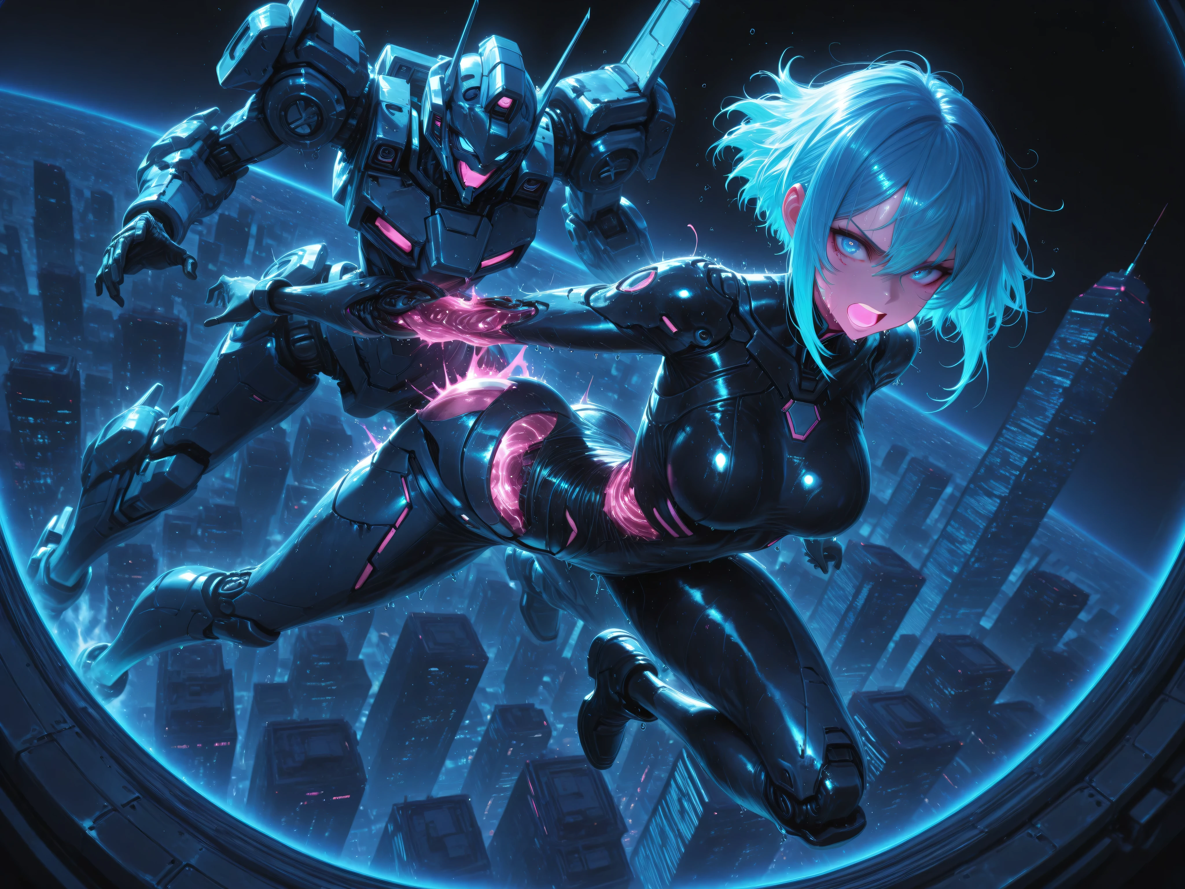 mechanical creatures,creature conflict,in the outer space,body glows softly, hitman girl style super-villain, long blue hair, blue eyes, pink mouth, Super Detailed,dynamic action pose ,fast movement,damaged body,(masterpiece), (top quality), (very detailed), (8k), (perfect anatomy)、(posing with lots of movements)、(dynamic angles)、( random angles ),Fighting mecha, the appeal of a sweaty、high altitude , tilted angle,neon gradient,futuristic skyscraper district,panoramic view, cyberpunk world