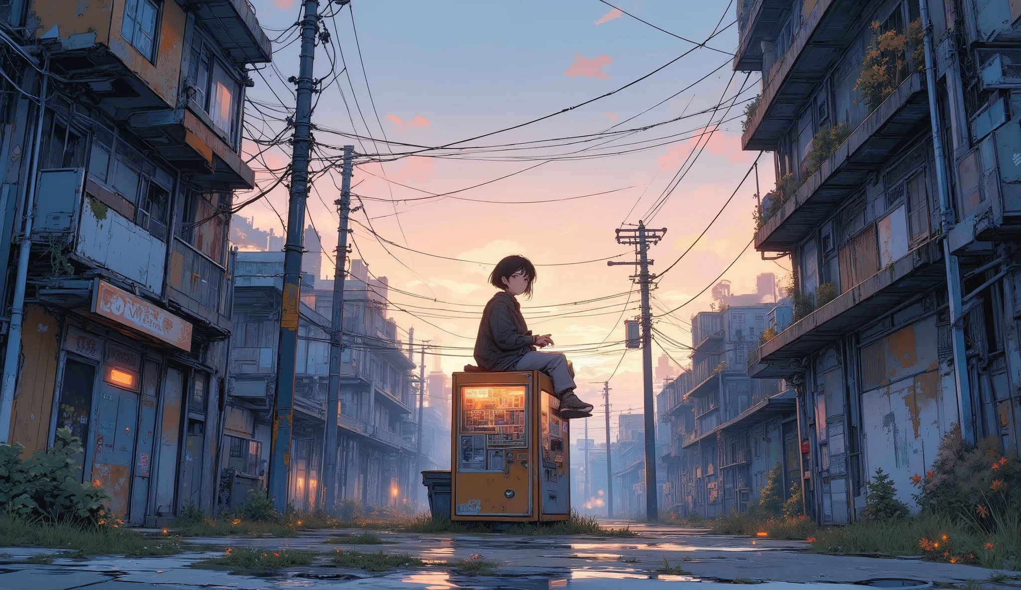 “Lofi abandoned city street at dusk, warm pastel sky reflecting on broken windows, small plants growing through cracked pavement, a lone survivor sitting on an old vending machine listening to music.”