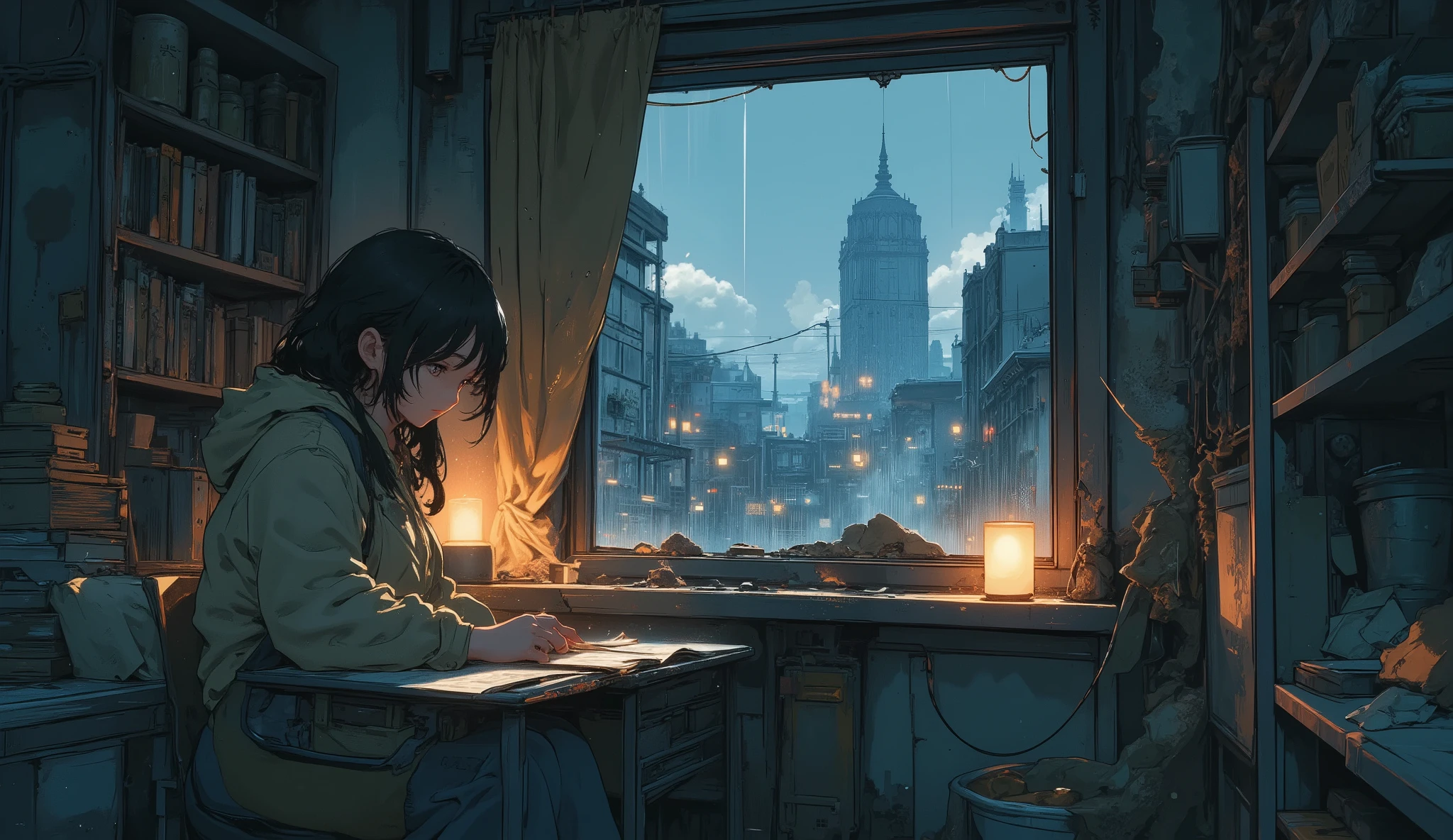 “Cozy lofi apartment in a destroyed city, candles glowing, torn curtains blowing in the wind, soft rain falling outside, survivor writing in a journal on a dusty desk.”