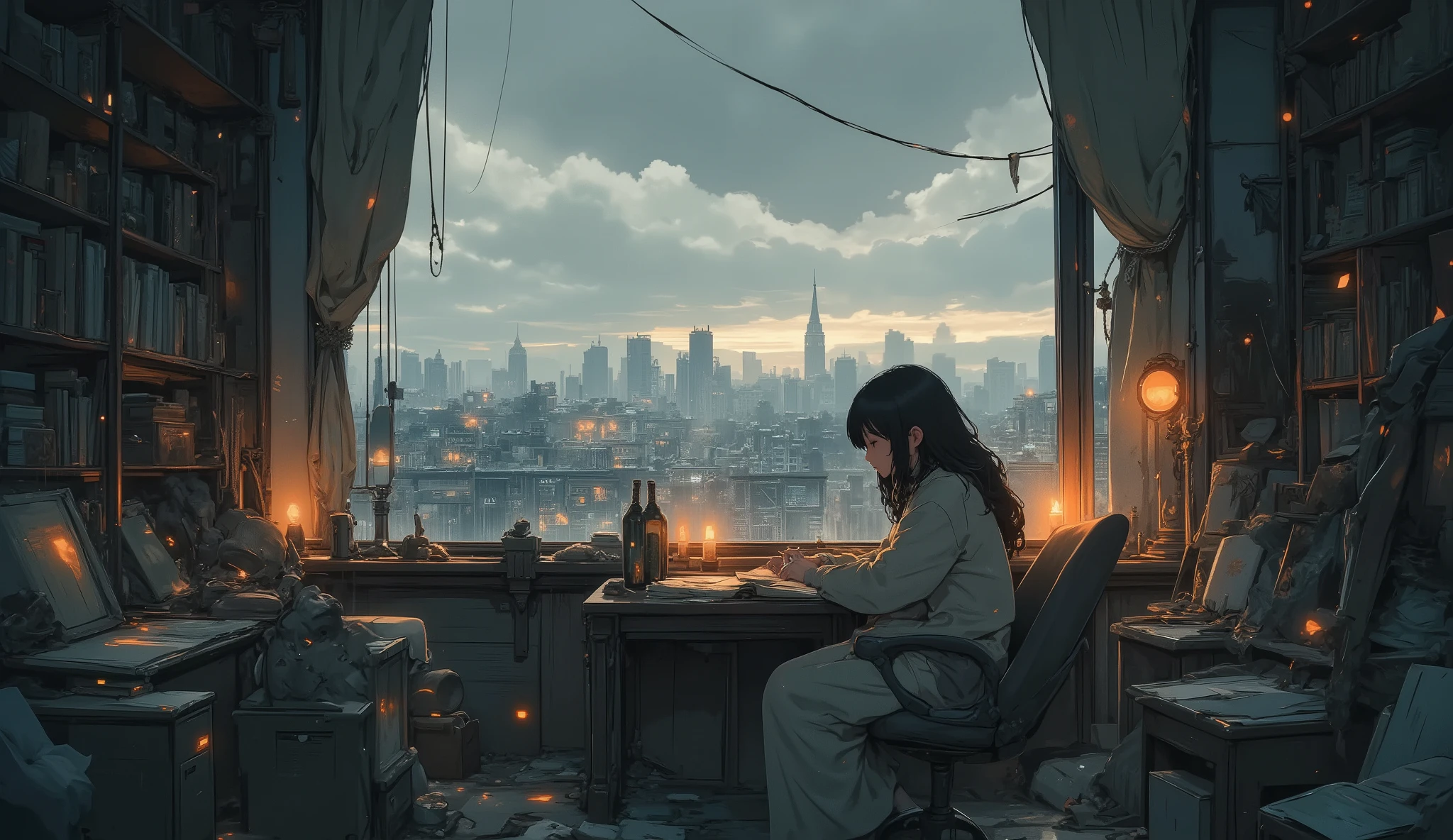 “Cozy lofi apartment in a destroyed city, candles glowing, torn curtains blowing in the wind, soft rain falling outside, survivor writing in a journal on a dusty desk.”