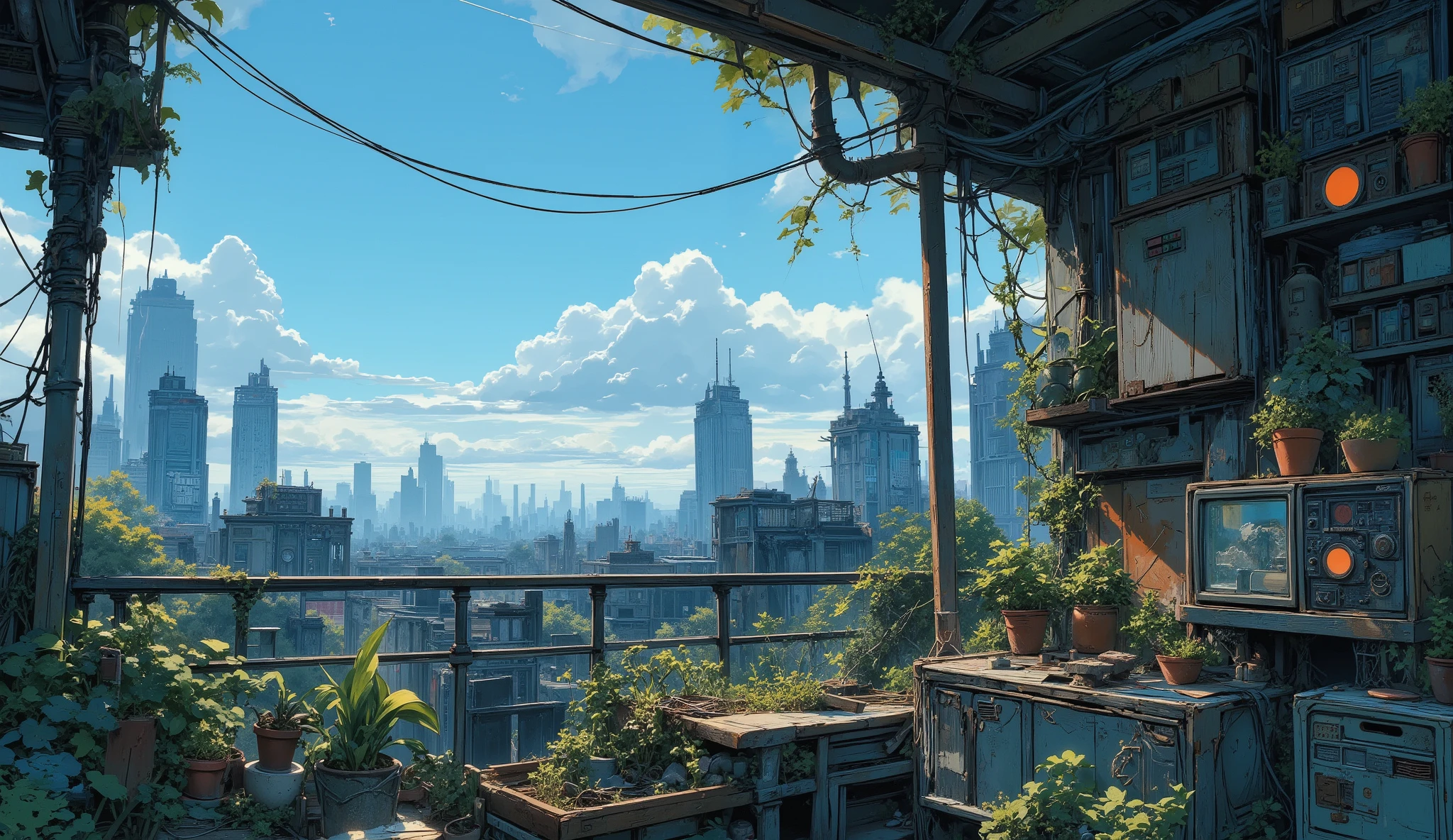 “Lofi city rooftop garden made from scavenged wood and pots, vines covering everything, old radios stacked in a corner playing mellow beats, peaceful view of ruined skyscrapers.”