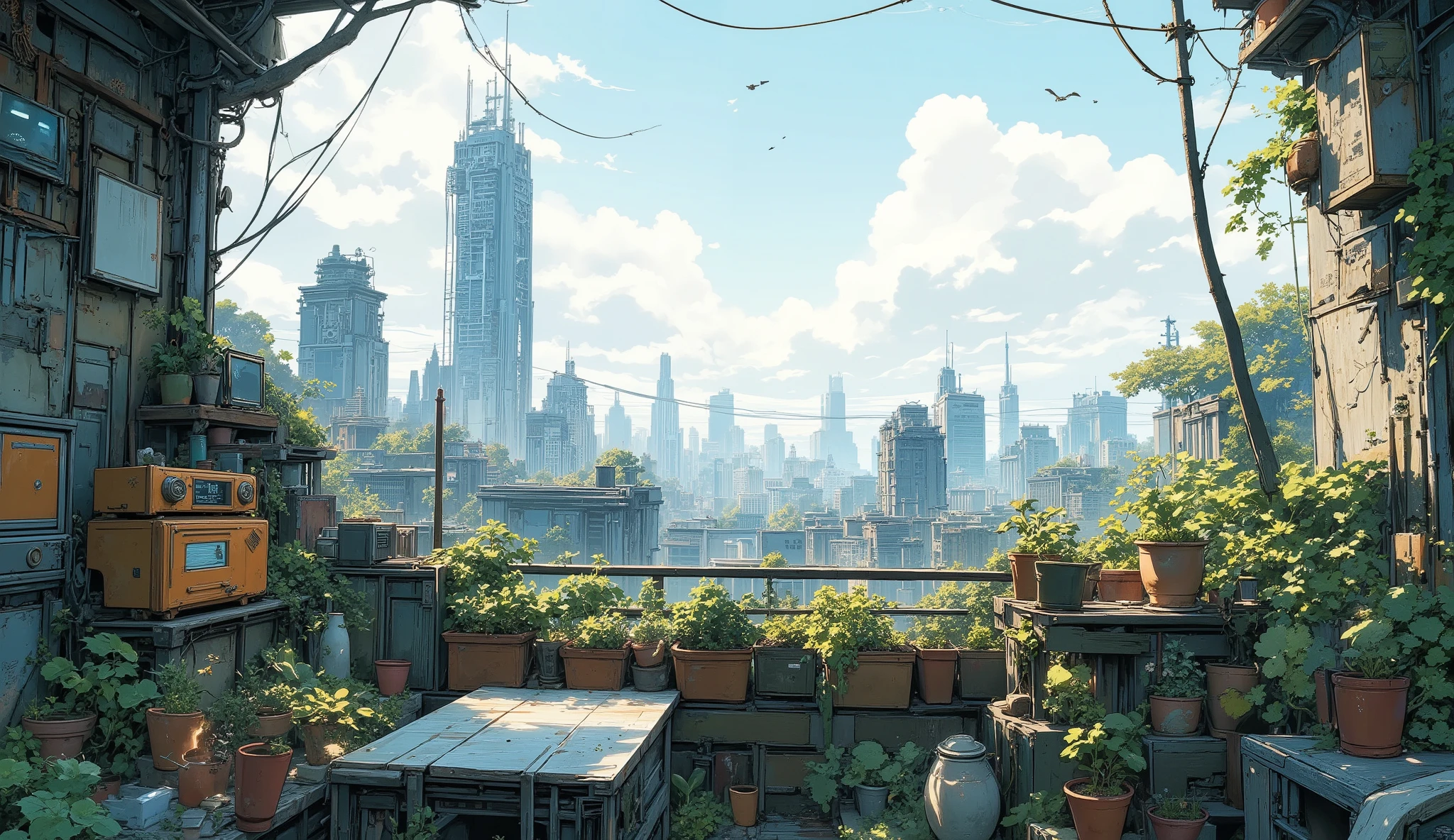 “Lofi city rooftop garden made from scavenged wood and pots, vines covering everything, old radios stacked in a corner playing mellow beats, peaceful view of ruined skyscrapers.”