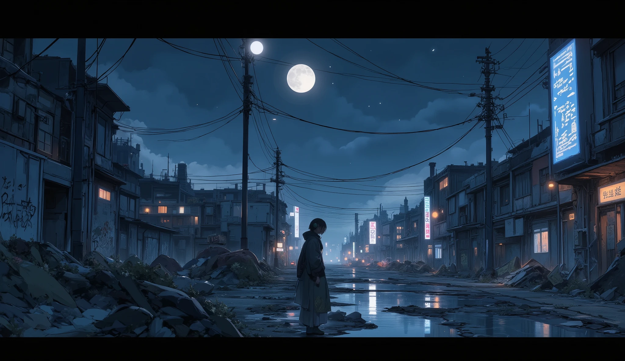 “Quiet lofi night city scene, moonlight over collapsed buildings, neon signs flickering faintly, a character drawing graffiti on a broken wall while listening to headphones.”
